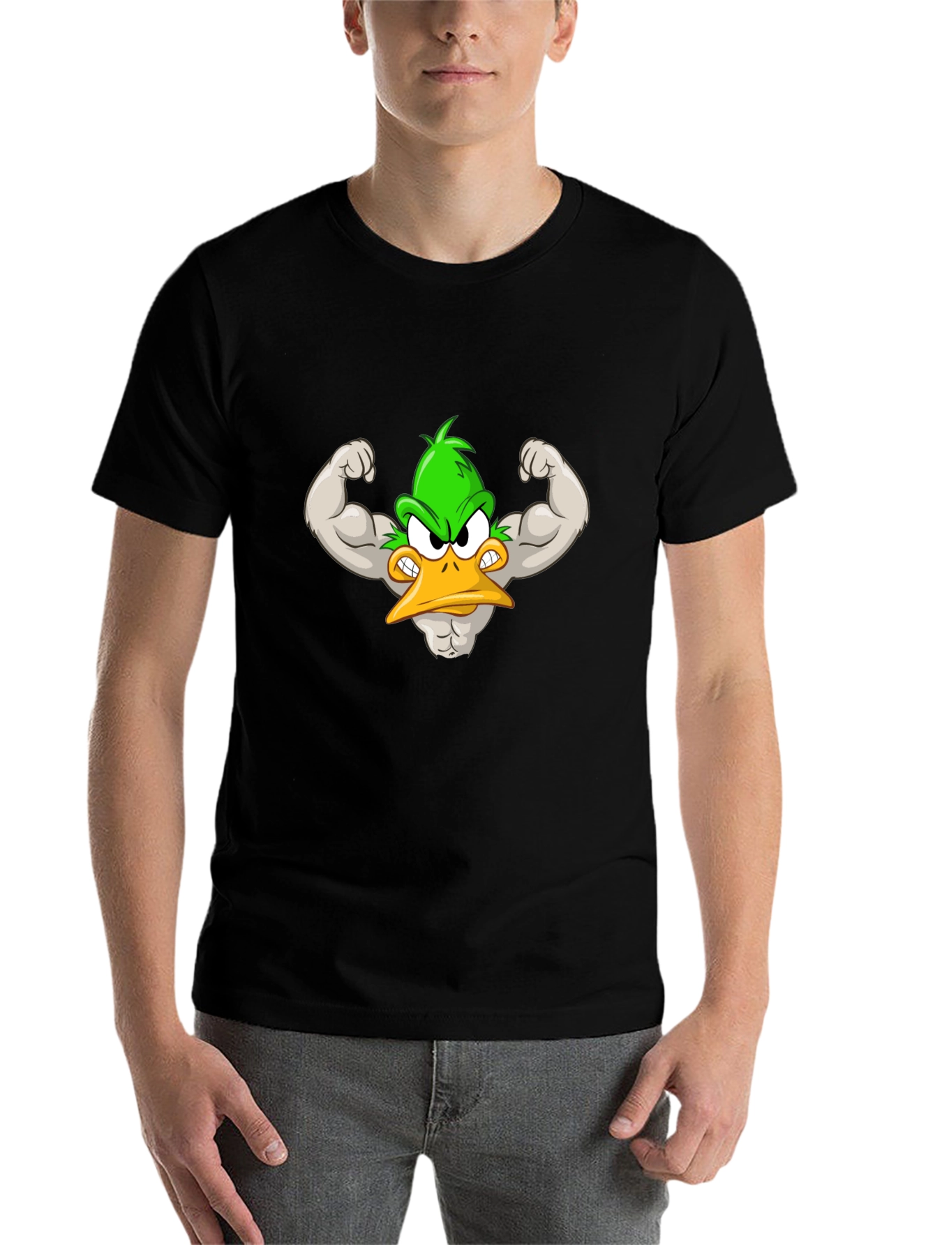 Black Muscular Cartoon Duck Graphic Tee - Black Cotton Shirt view 7