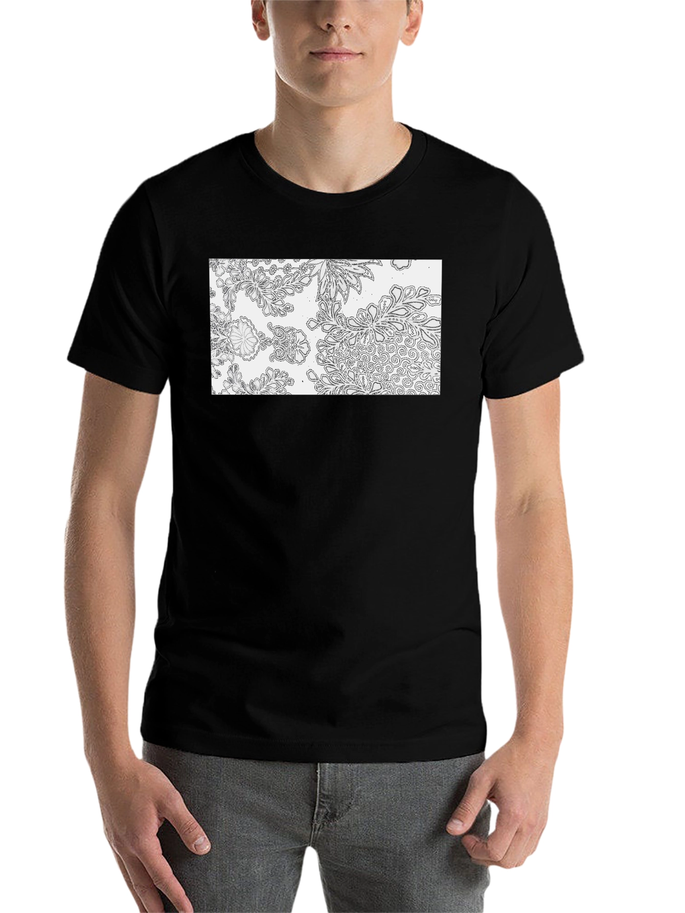 Black Floral Pattern Black Cotton Tee view 7