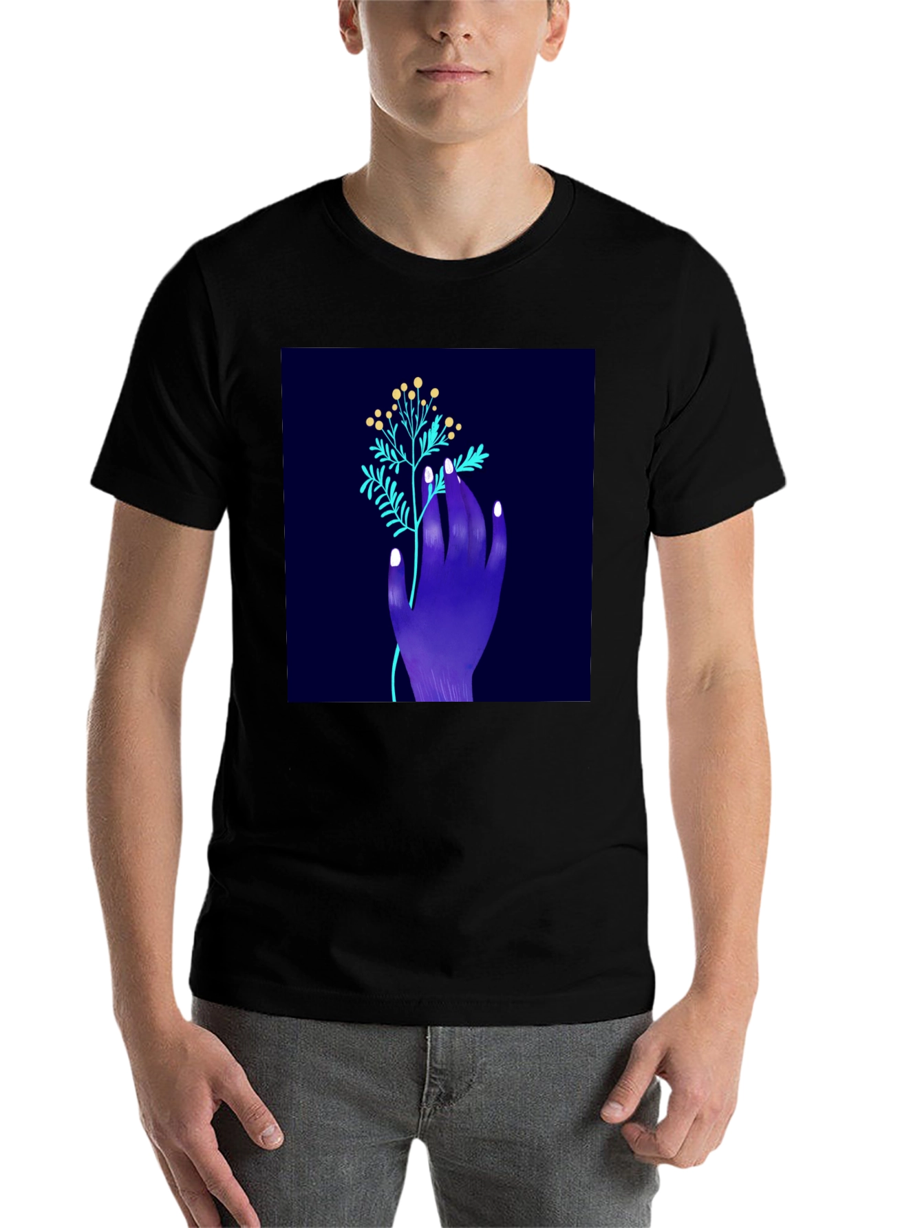 Black Botanical Hand Graphic Tee - Modern Art Shirt view 7