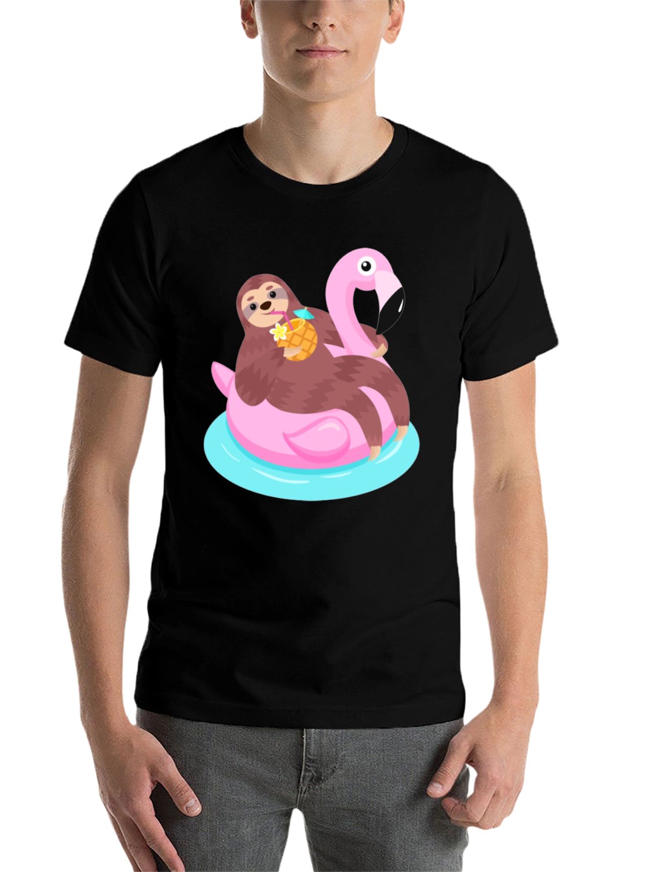 Black Sloth Flamingo Float T-Shirt - Relaxed Summer Vibes view 7