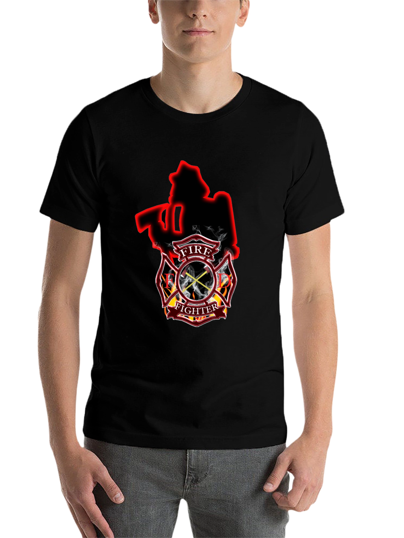 Black Firefighter Axe Shield Black T-Shirt view 7