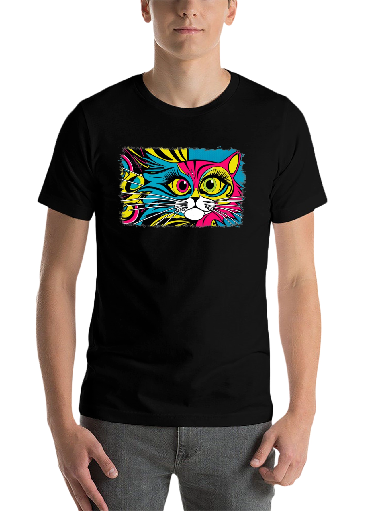 Black Psychedelic Cat Graphic Black T-Shirt view 7