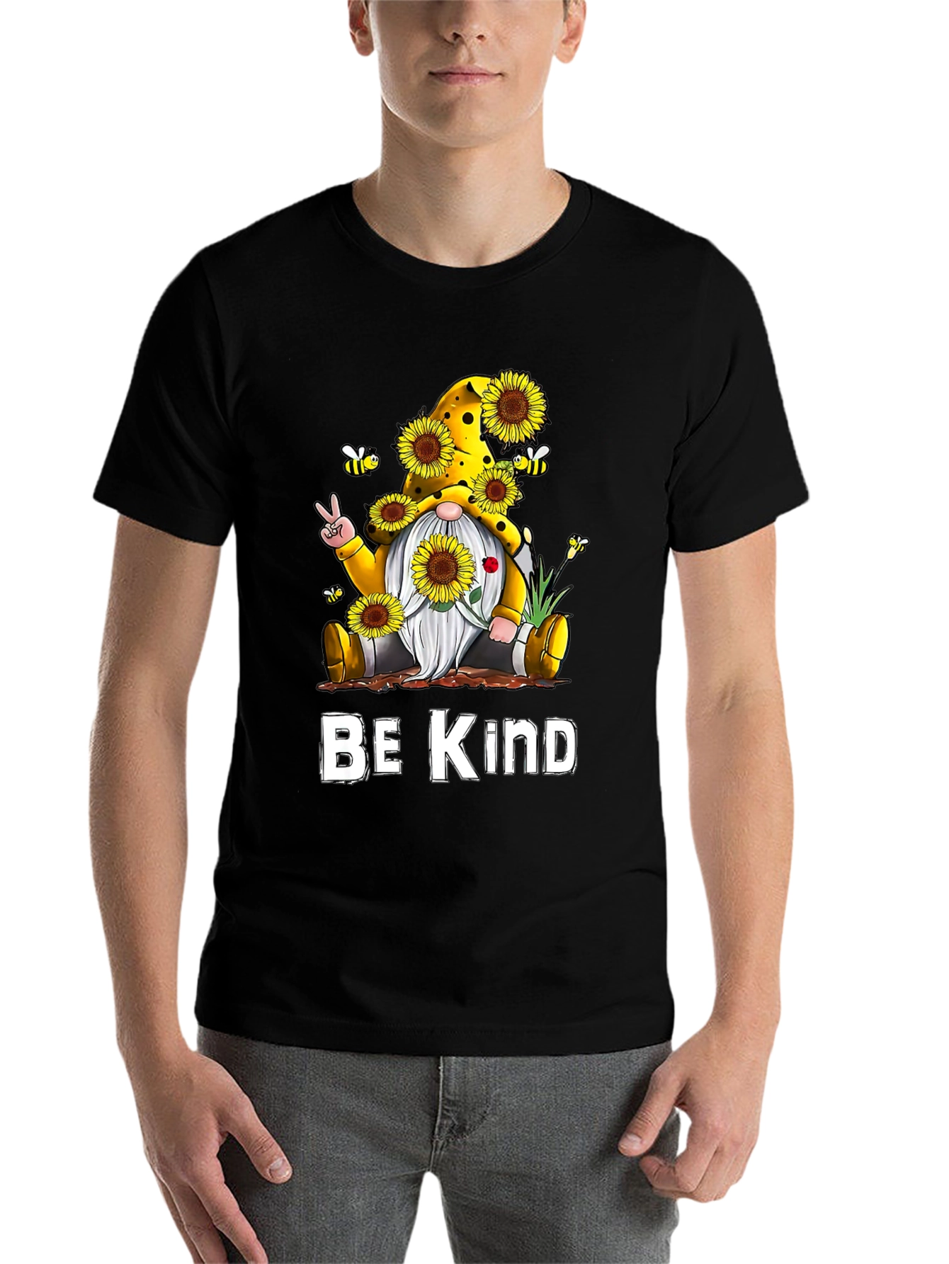 Black Be Kind Gnome Sunflower Graphic Tee view 7