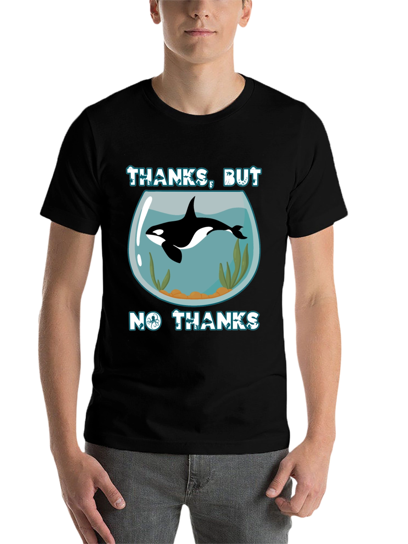 Black Humorous Orca Aquarium Graphic T-Shirt view 7