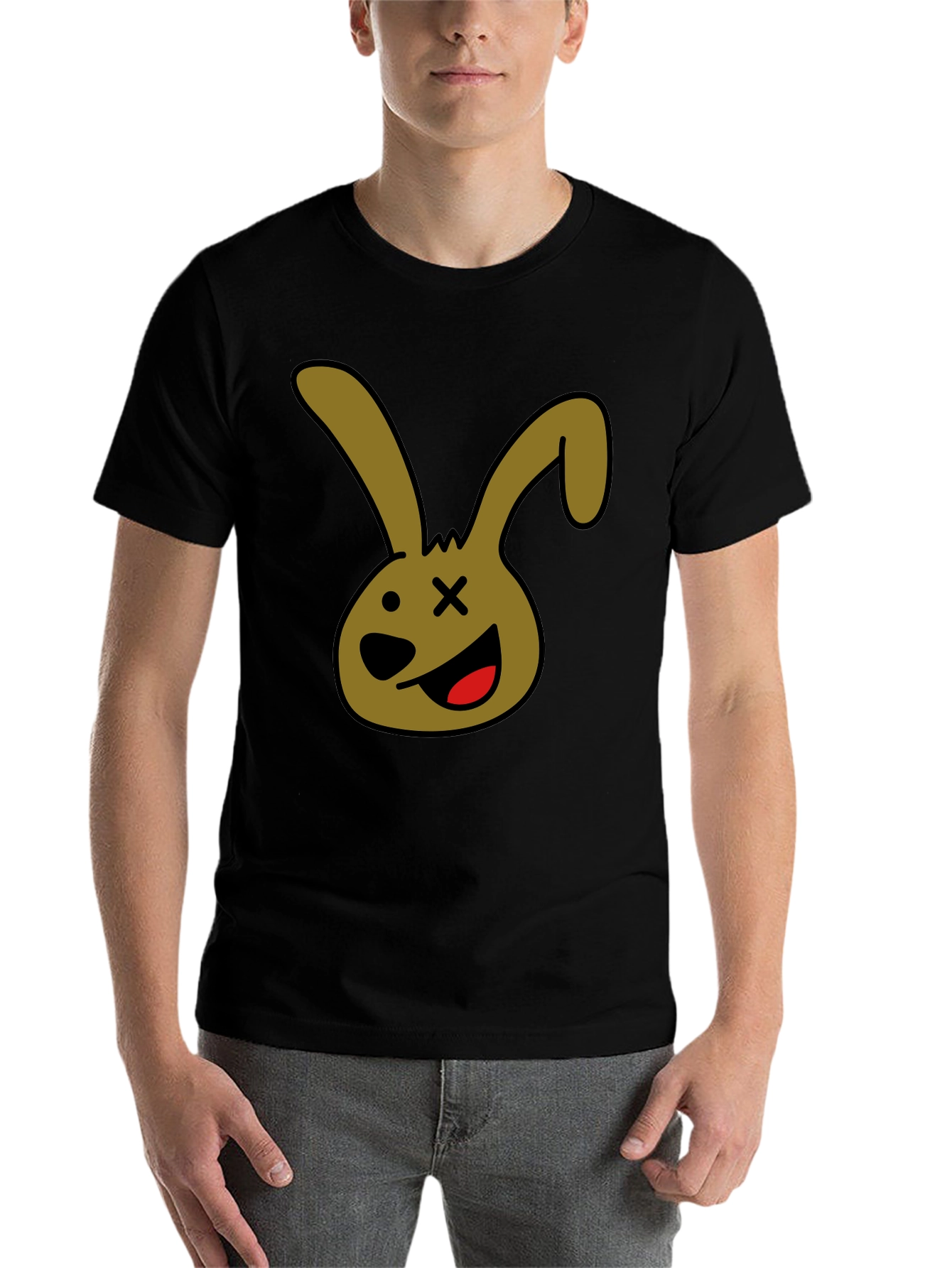 Black Cartoon Bunny Graphic Tee - Black Unisex T-Shirt view 7