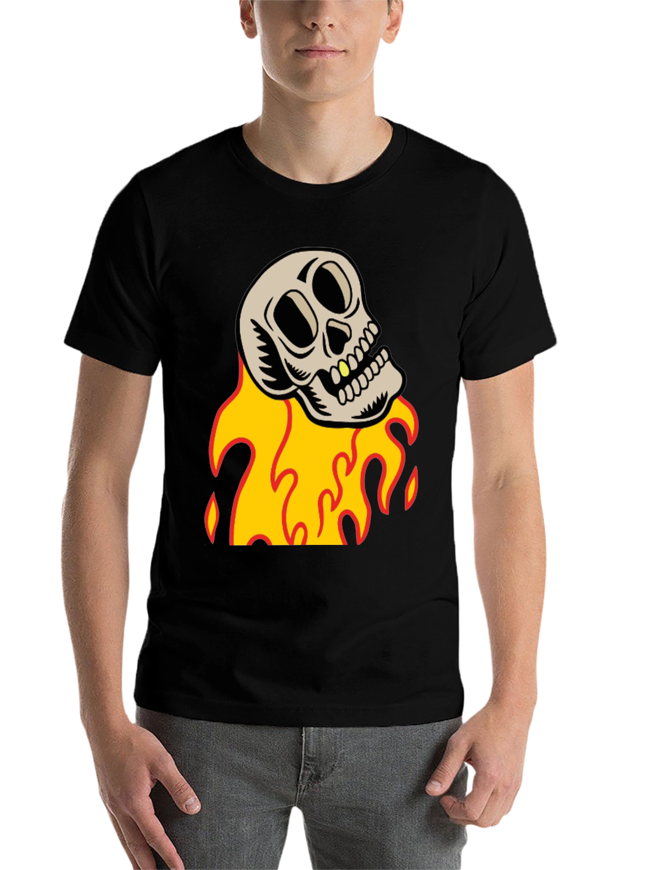 Black Skull on Fire Graphic Tee - Black Cotton T-Shirt view 7