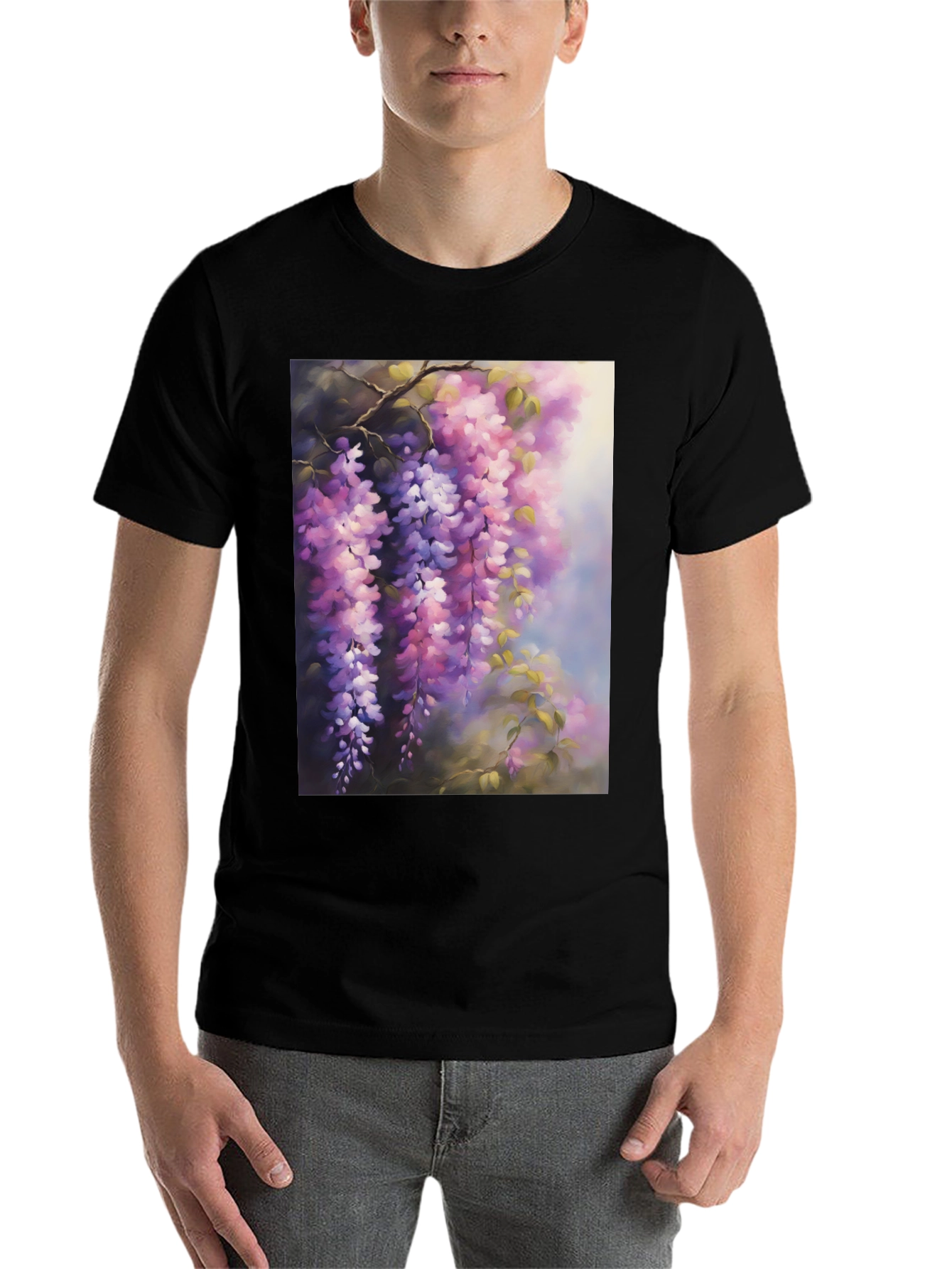 Black Floral Wisteria Print Black T-Shirt view 7