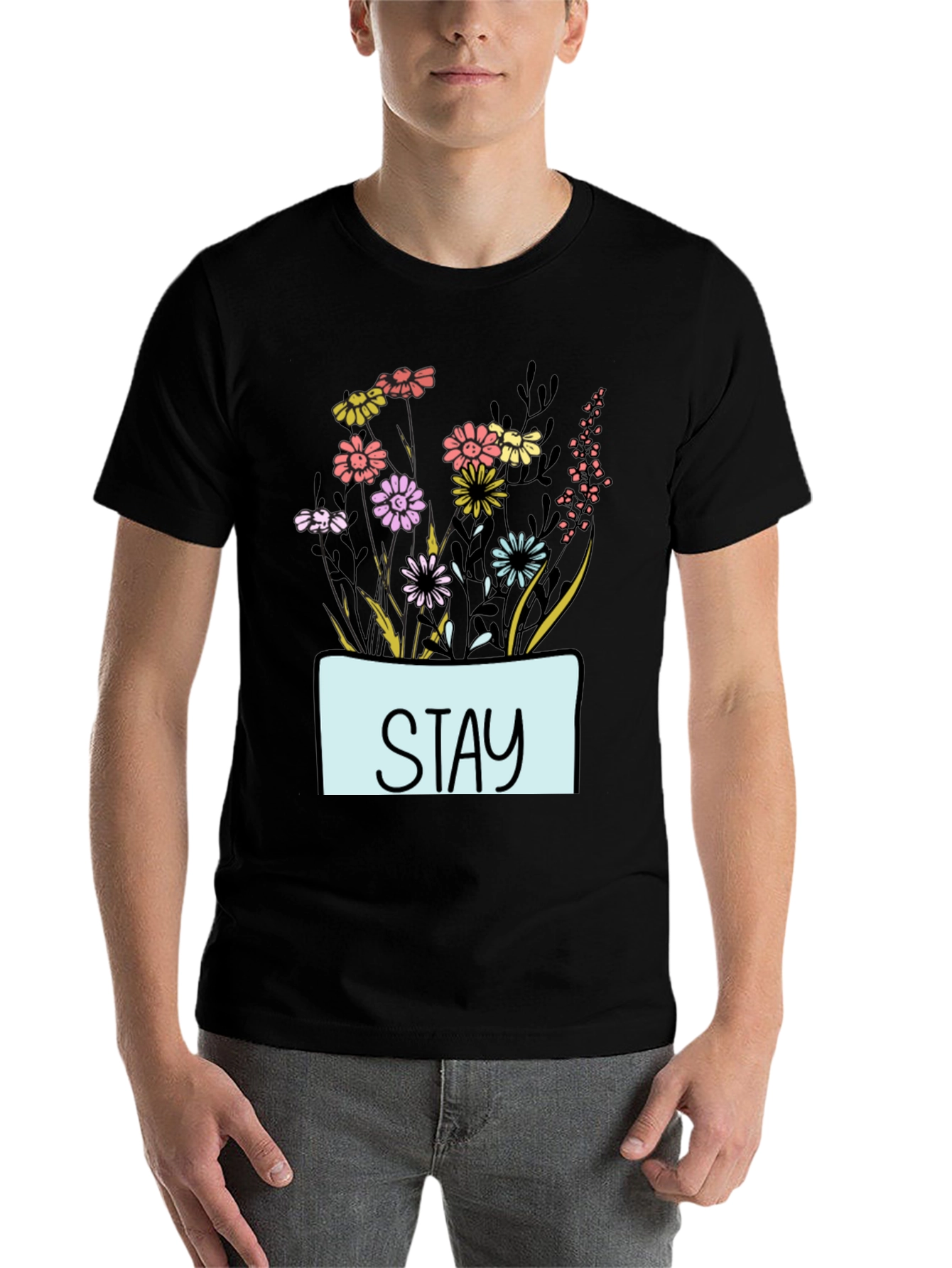 Black Stay Floral Graphic T-Shirt - Unisex Casual Tee view 7
