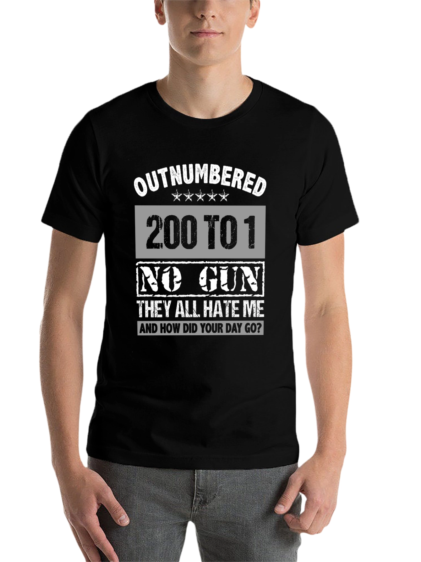 Black Outnumbered Funny Graphic T-Shirt view 7