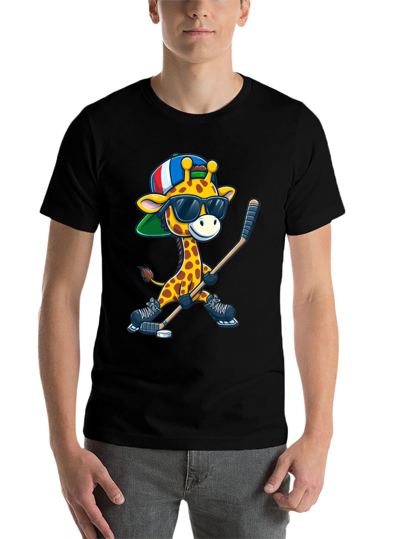 Black Giraffe Hockey Player Graphic Tee view 7