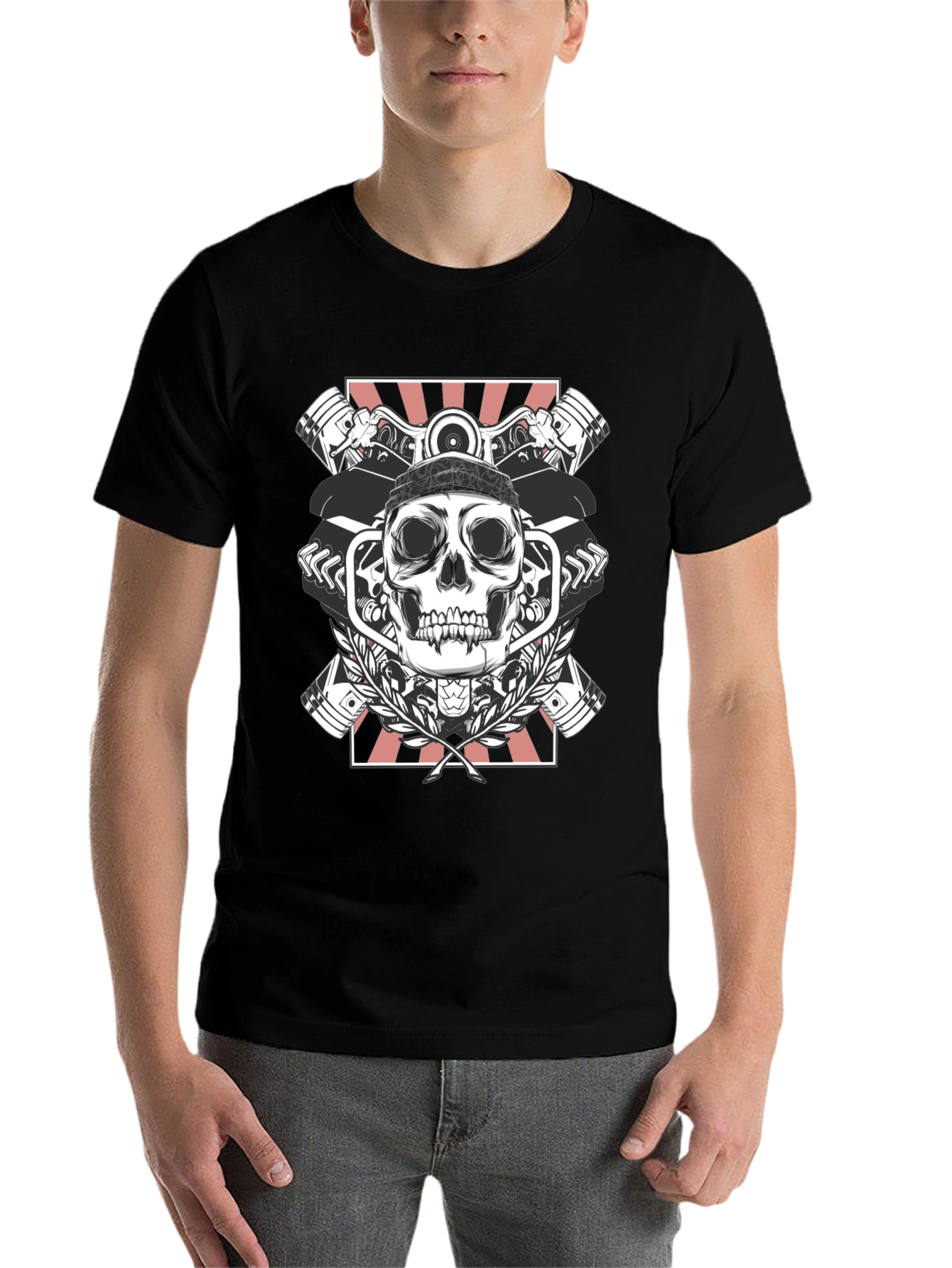 Black Skull & Pistons Graphic Tee - Black view 7