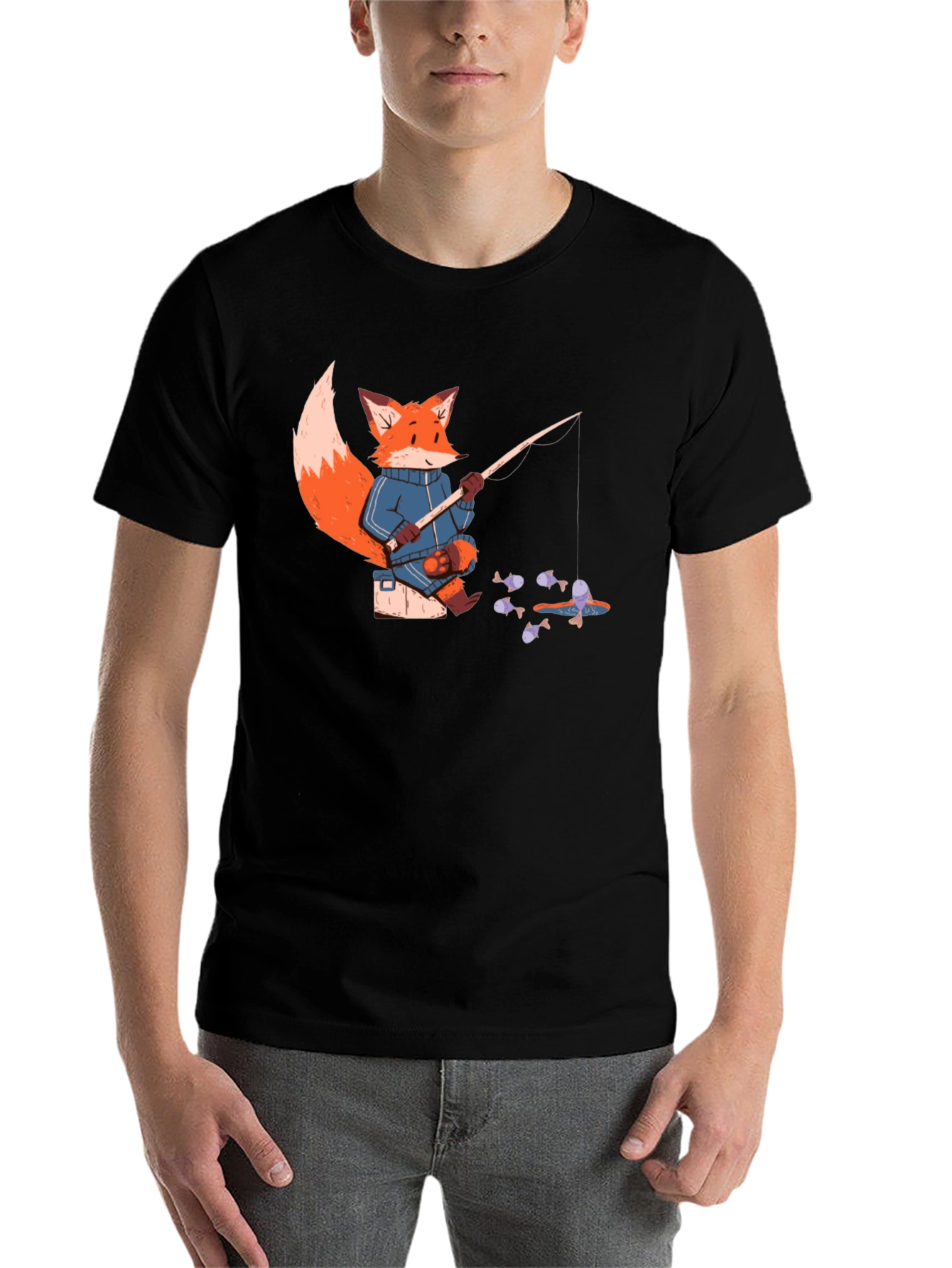 Black Fox Fishing T-Shirt - Cartoon Angler Tee view 7
