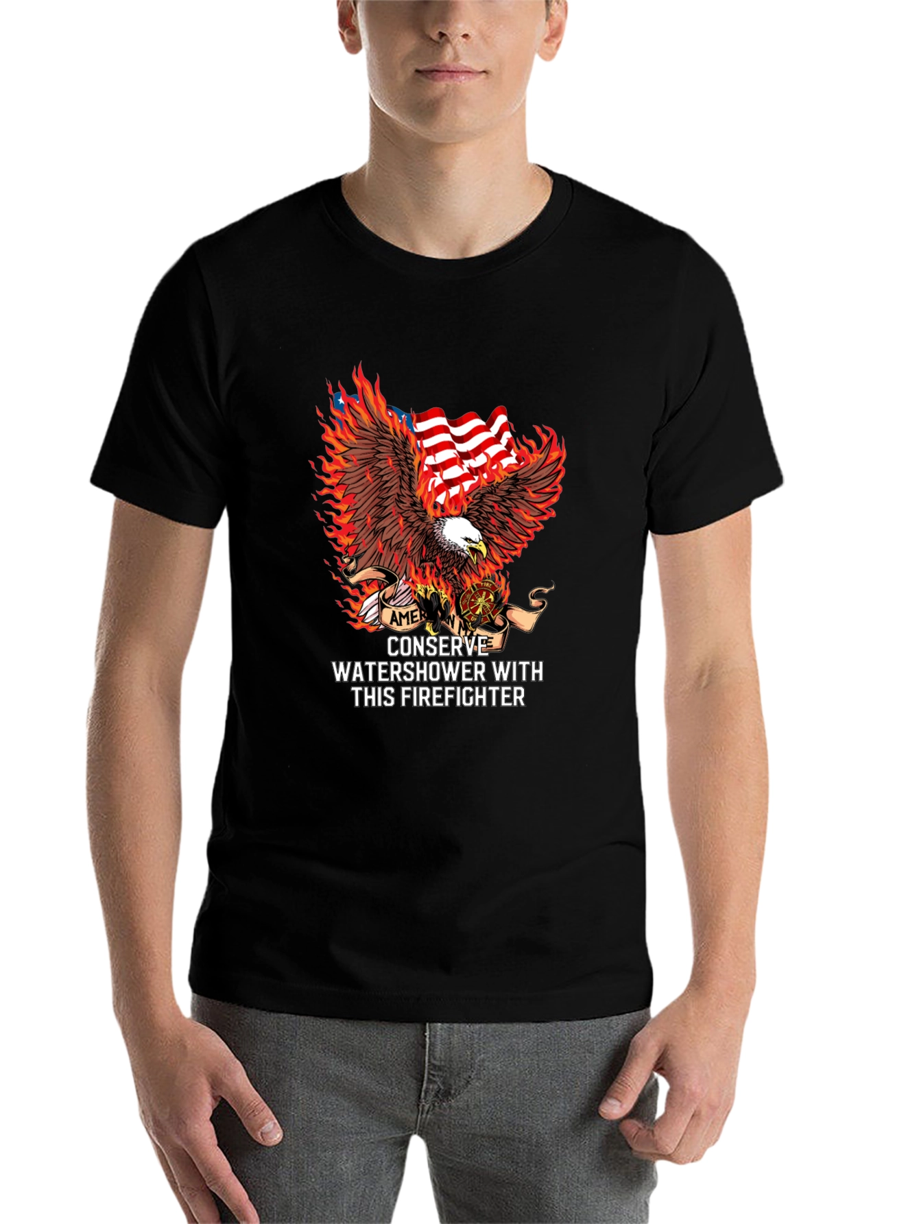 Black American Firefighter Eagle Graphic Tee view 7