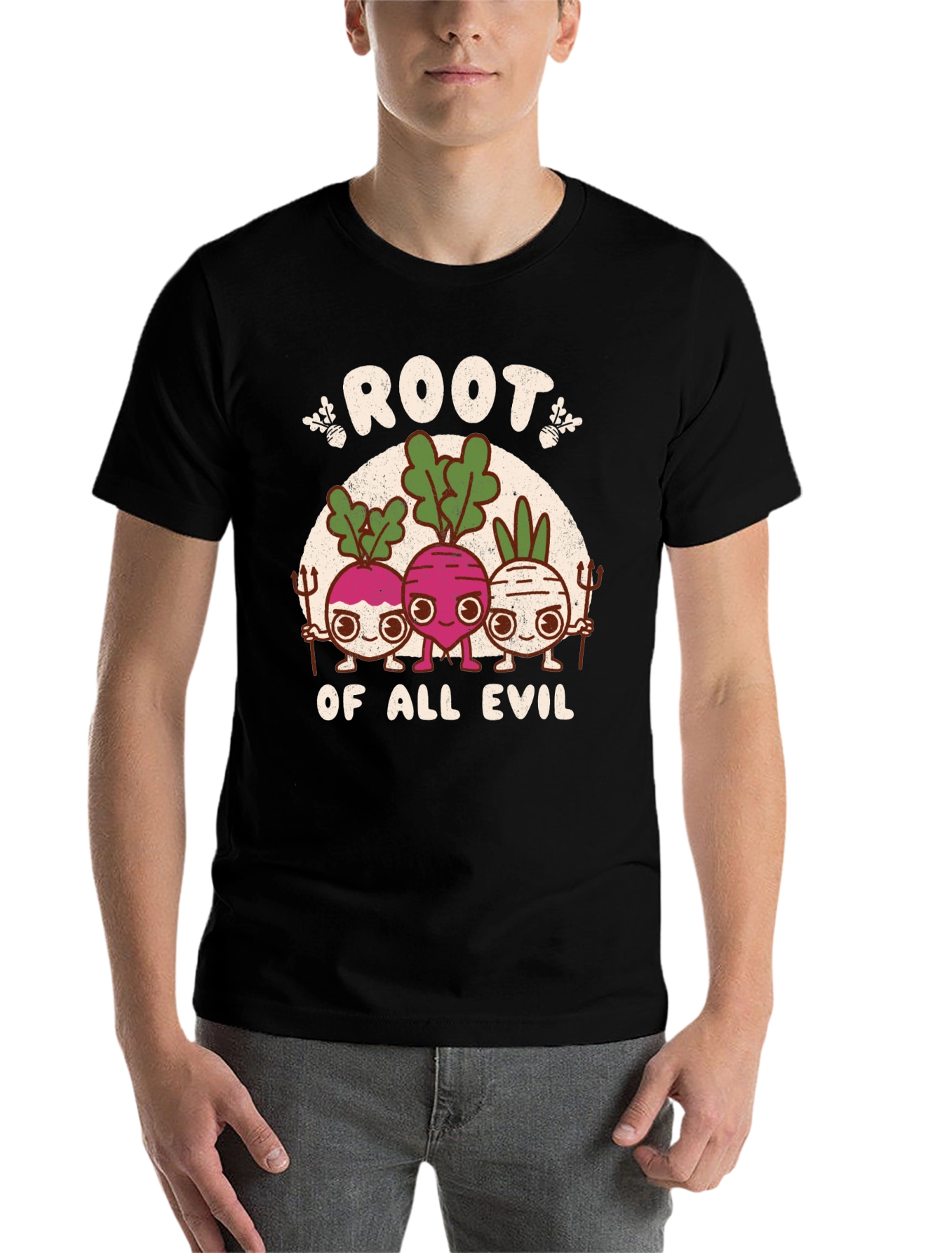 Black Root of All Evil Graphic T-Shirt - Funny Vegetable Tee view 7