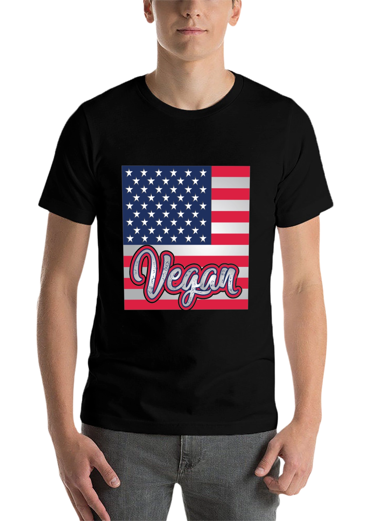 Black Vegan American Flag Graphic T-Shirt view 7