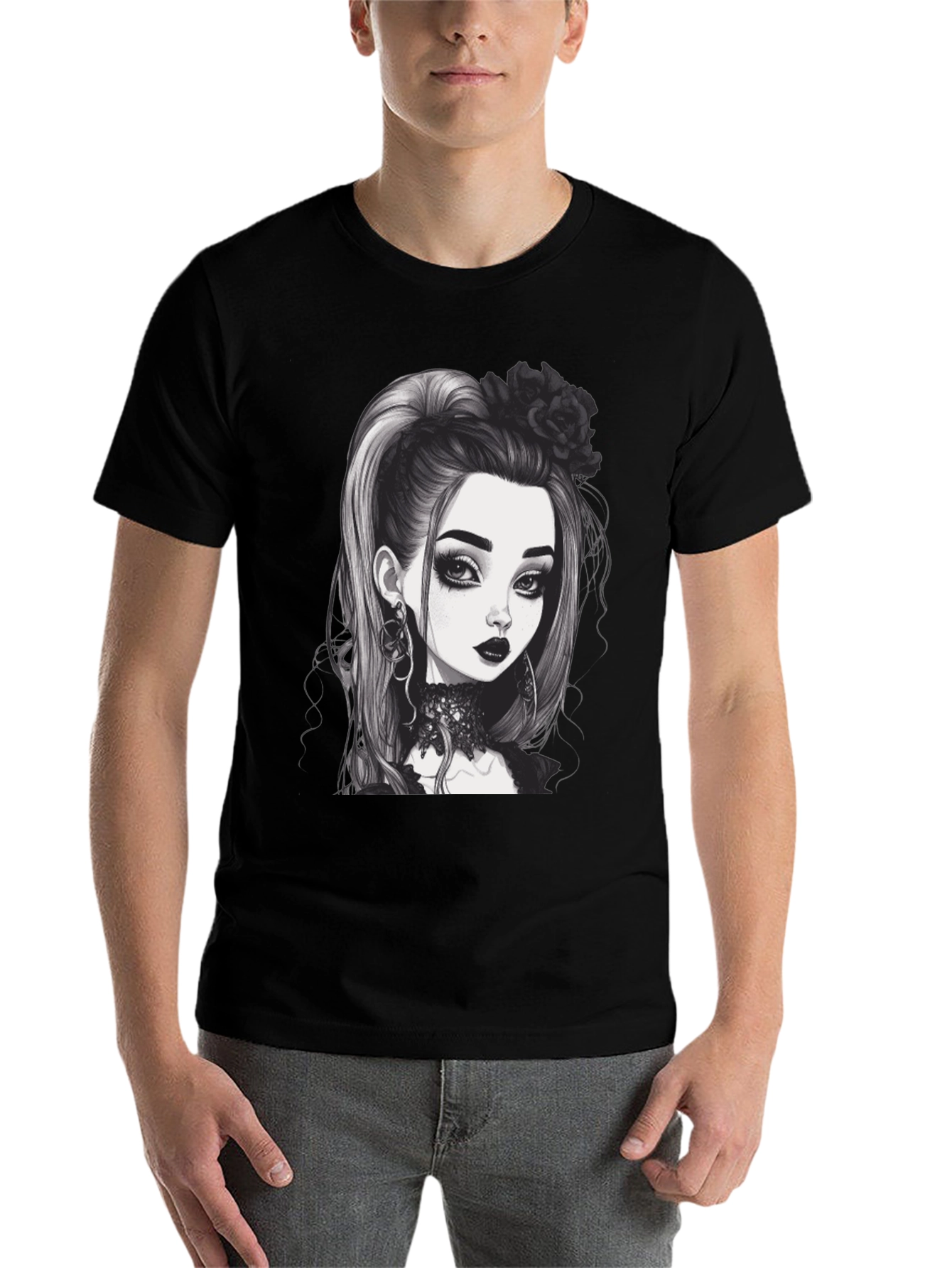 Black Gothic Girl Graphic Tee - Black Cotton T-Shirt view 7