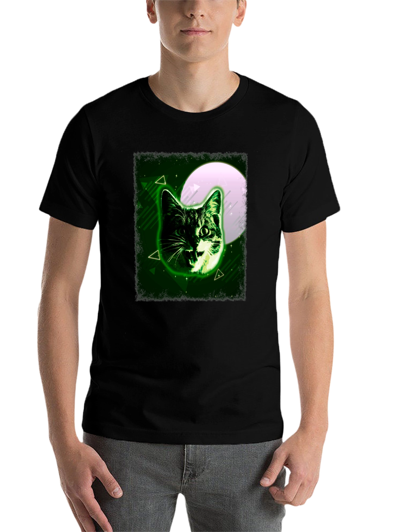 Black Green Cat Graphic Tee - Moonlit Feline Design view 7