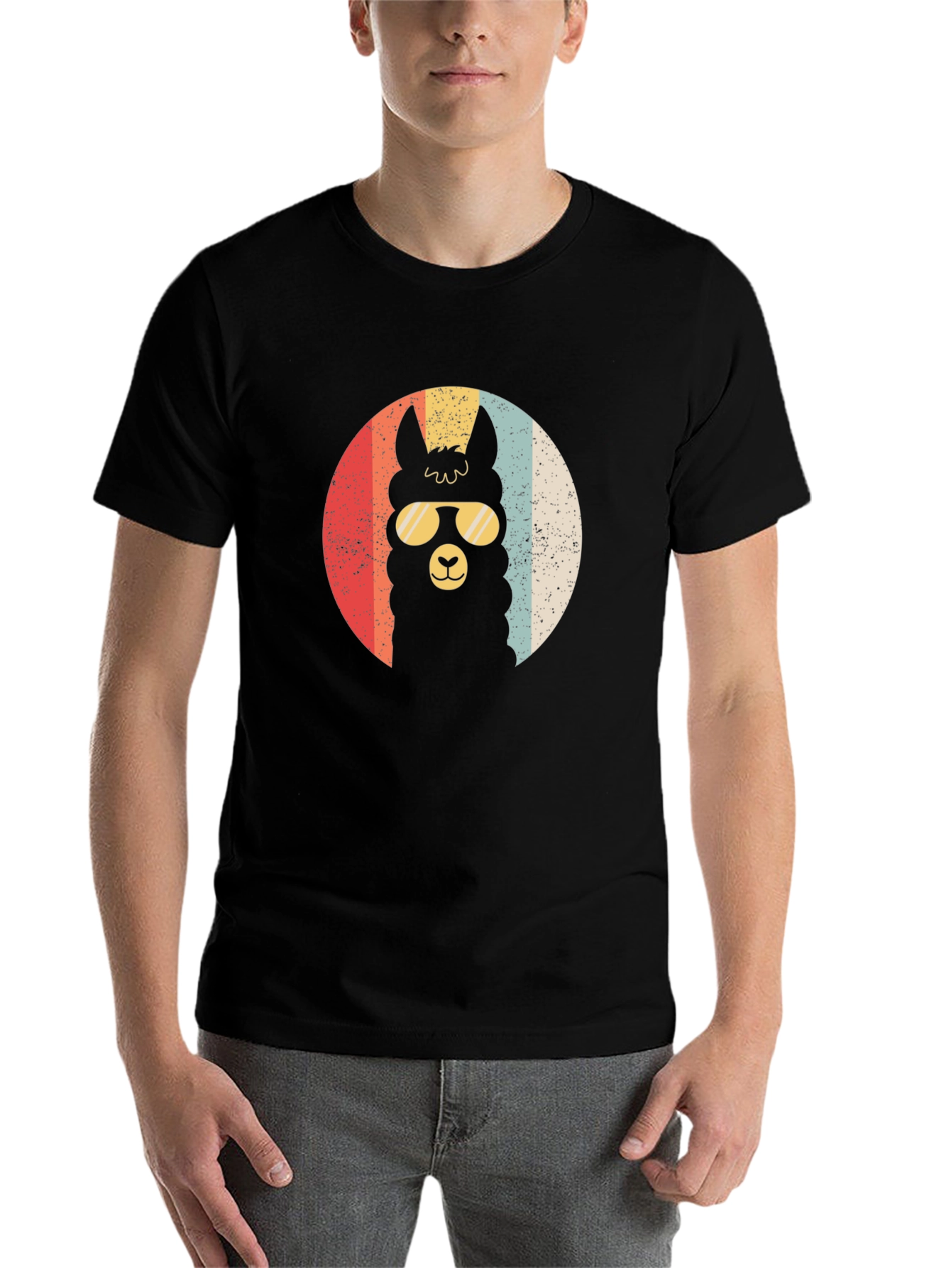 Black Retro Llama T-Shirt - Cool Alpaca in Sunglasses view 7