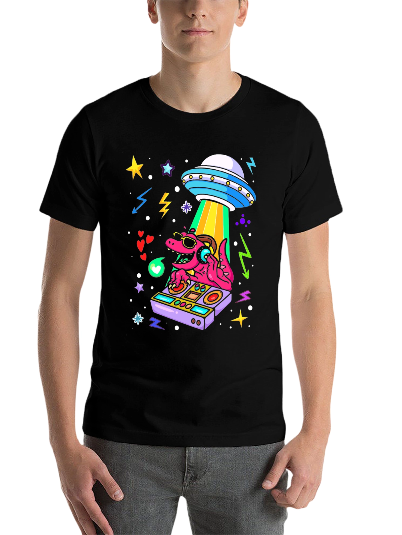 Black DJ Dino Alien Abduction T-Shirt view 7