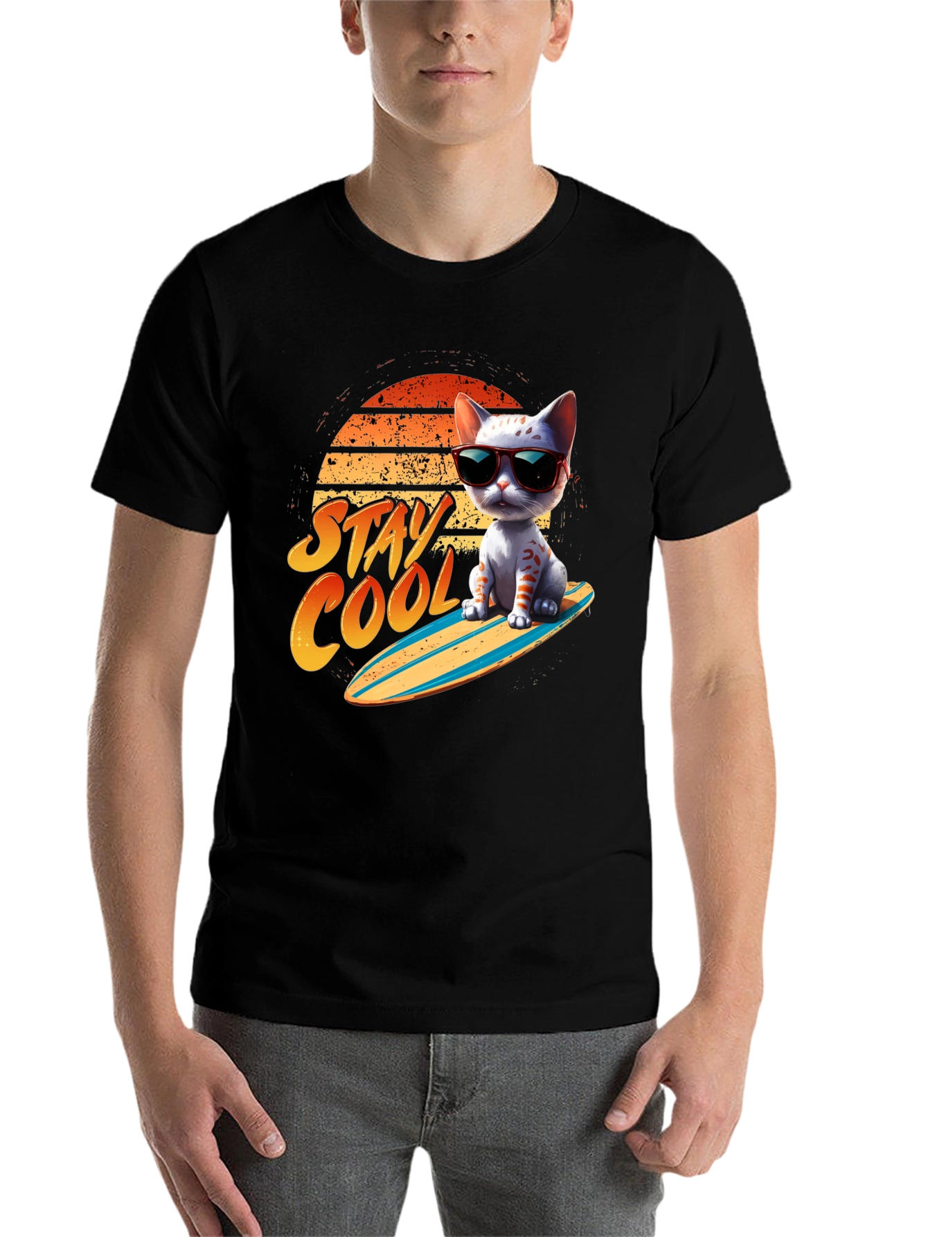 Black Cool Cat Surfboard T-Shirt view 7