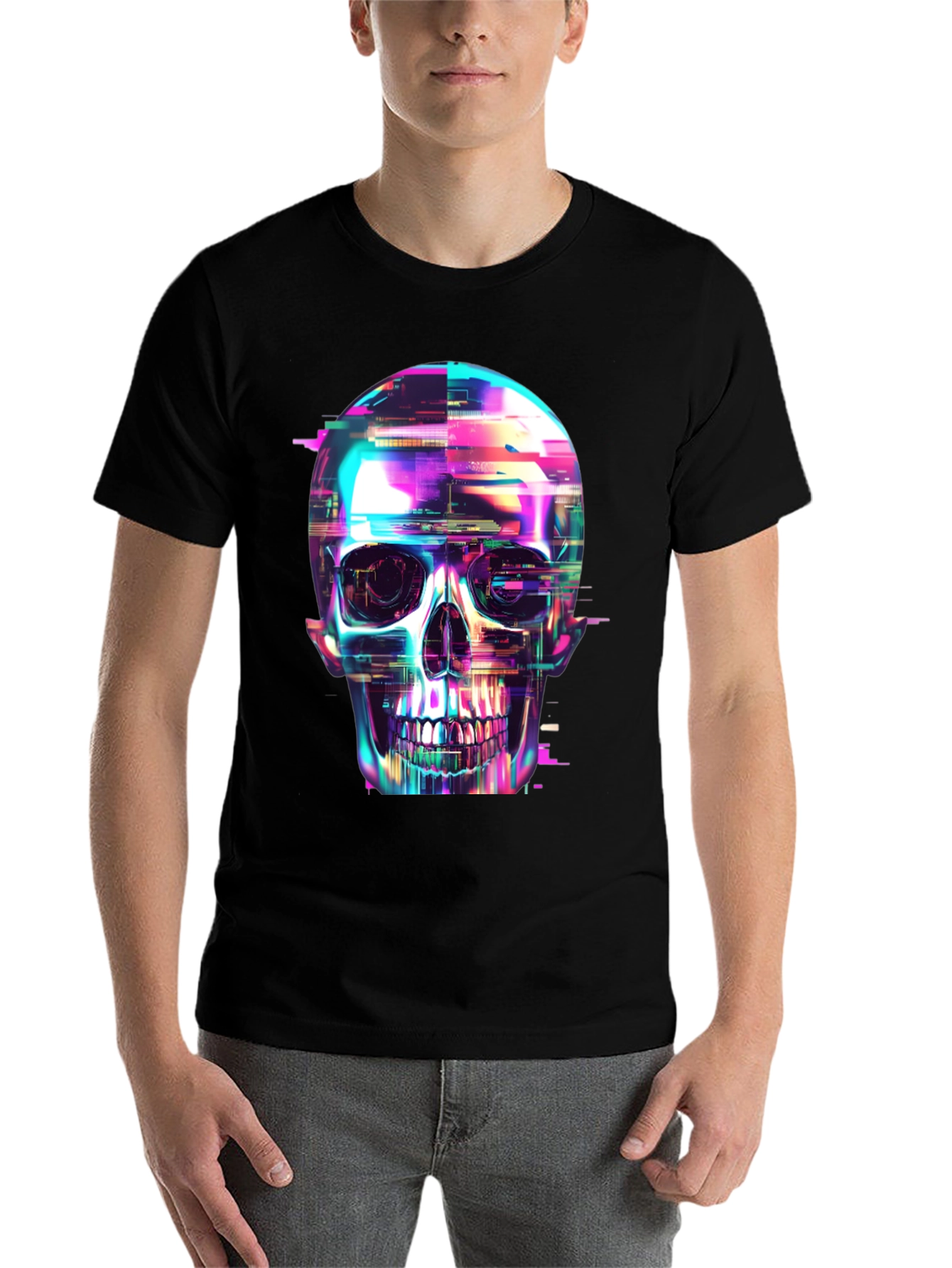 Black Cyberpunk Skull Graphic Tee - Black Cotton T-Shirt view 7