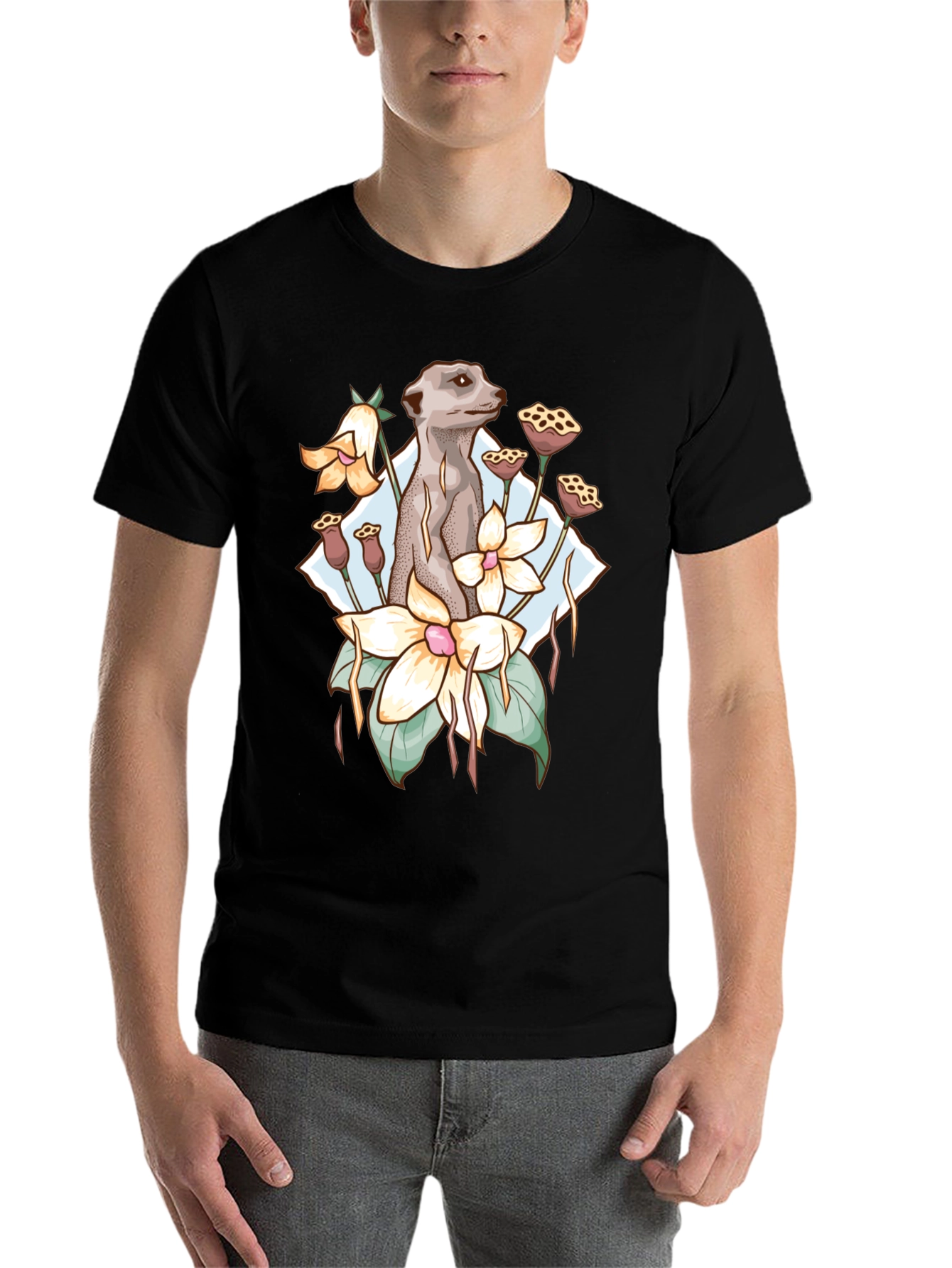 Black Meerkat & Floral Design Tee view 7
