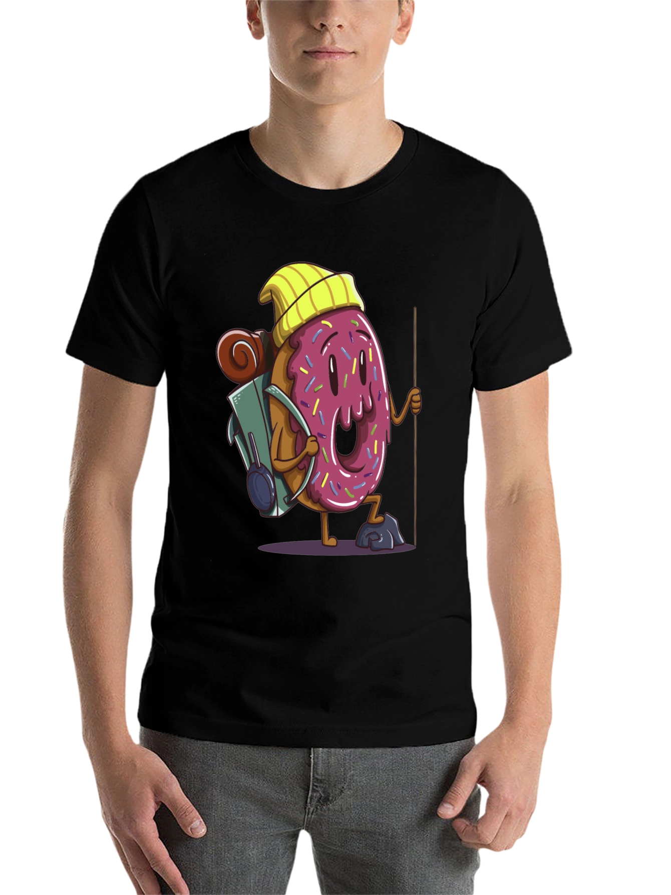 Black Donut Hiker Graphic Tee - Black Cotton T-Shirt view 7