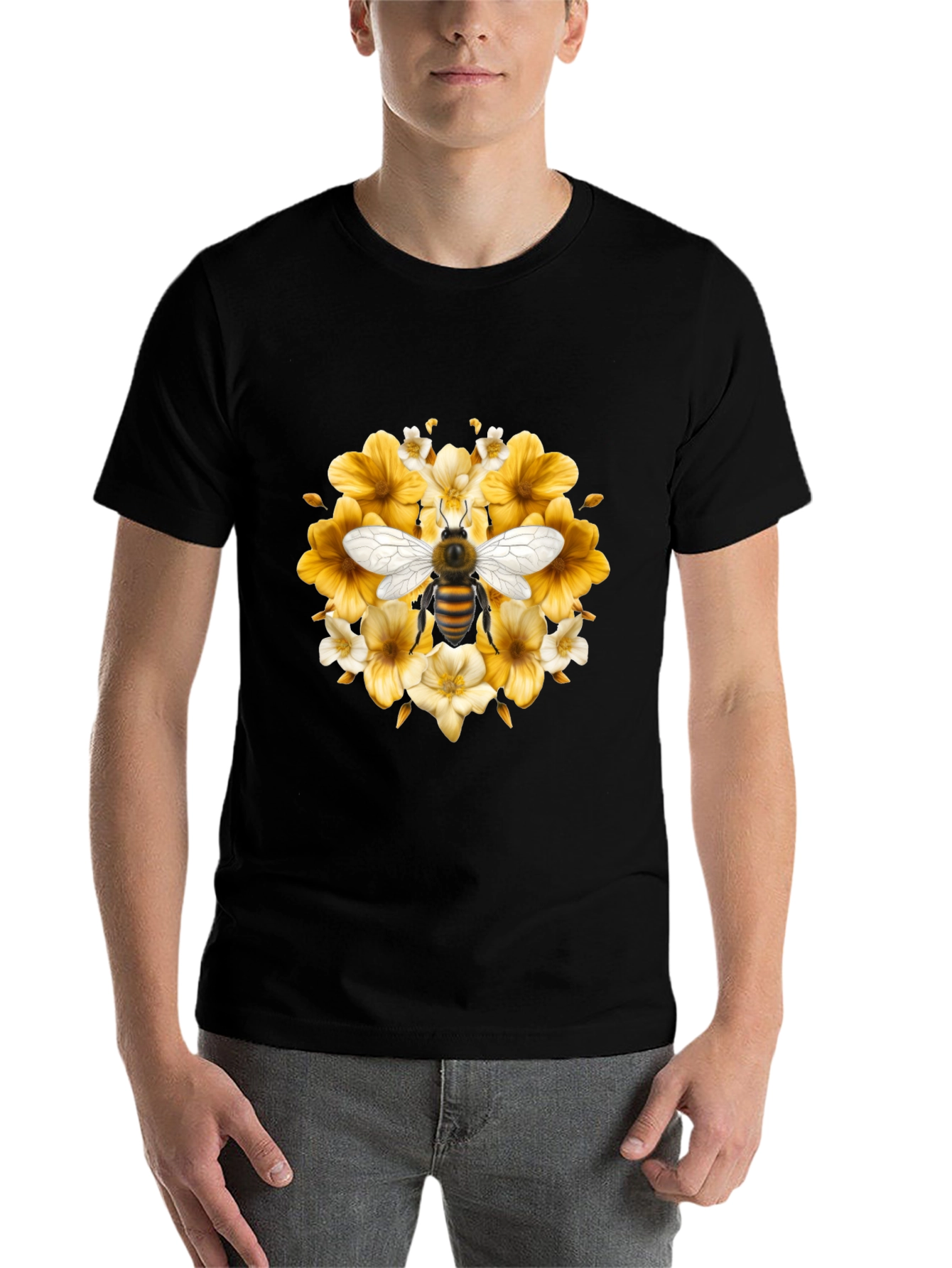 Black Bee & Floral Black T-Shirt view 7