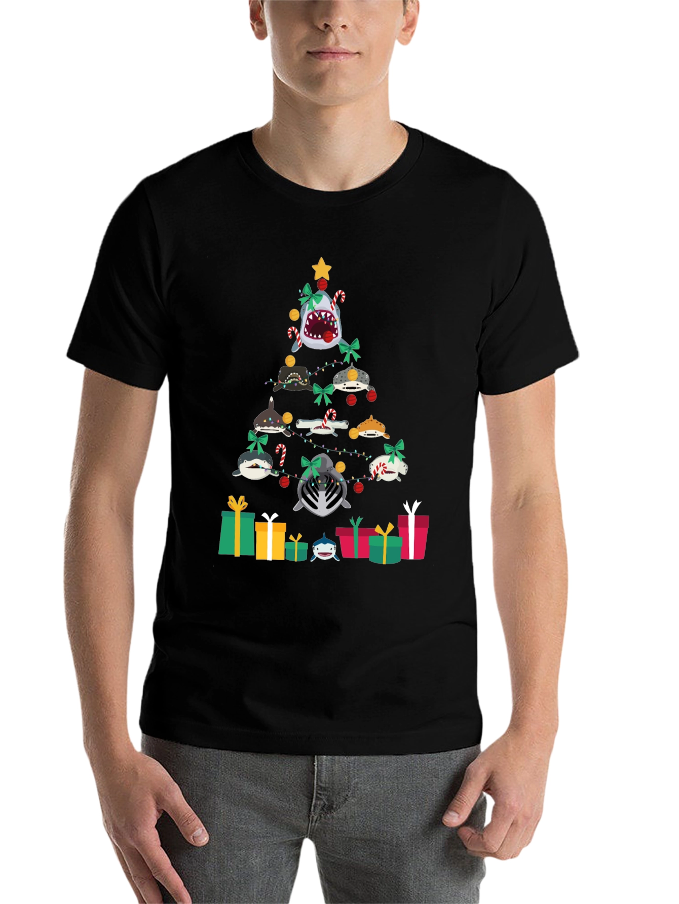 Black Shark Christmas Tree Black T-Shirt view 7