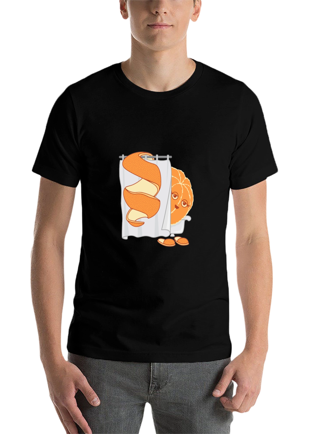 Black Funny Orange Peel Shower Cartoon Graphic T-Shirt view 7