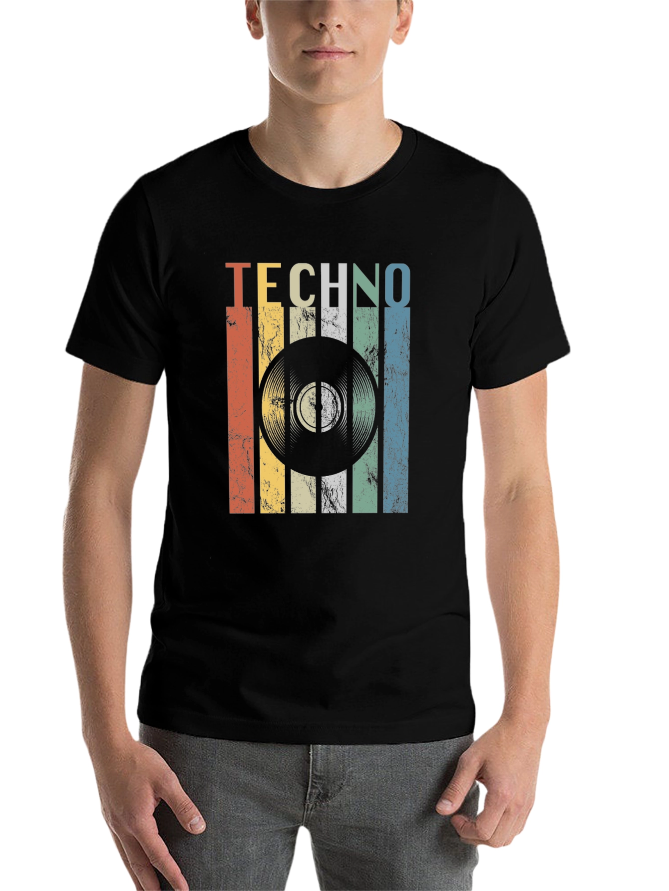 Black Retro Techno Record Graphic T-Shirt view 7