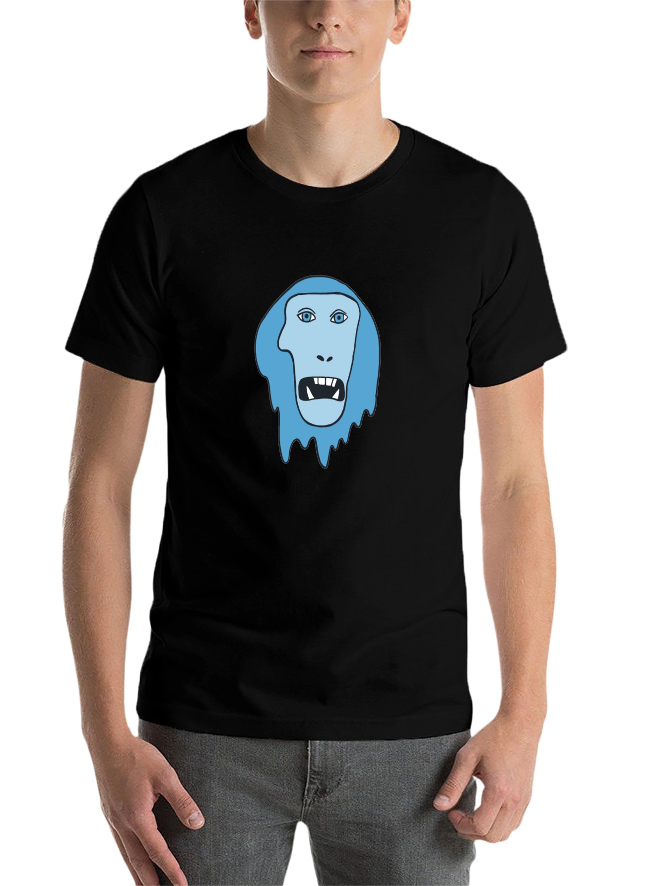 Black Men's Black T-Shirt - Blue Monster Face Graphic view 7