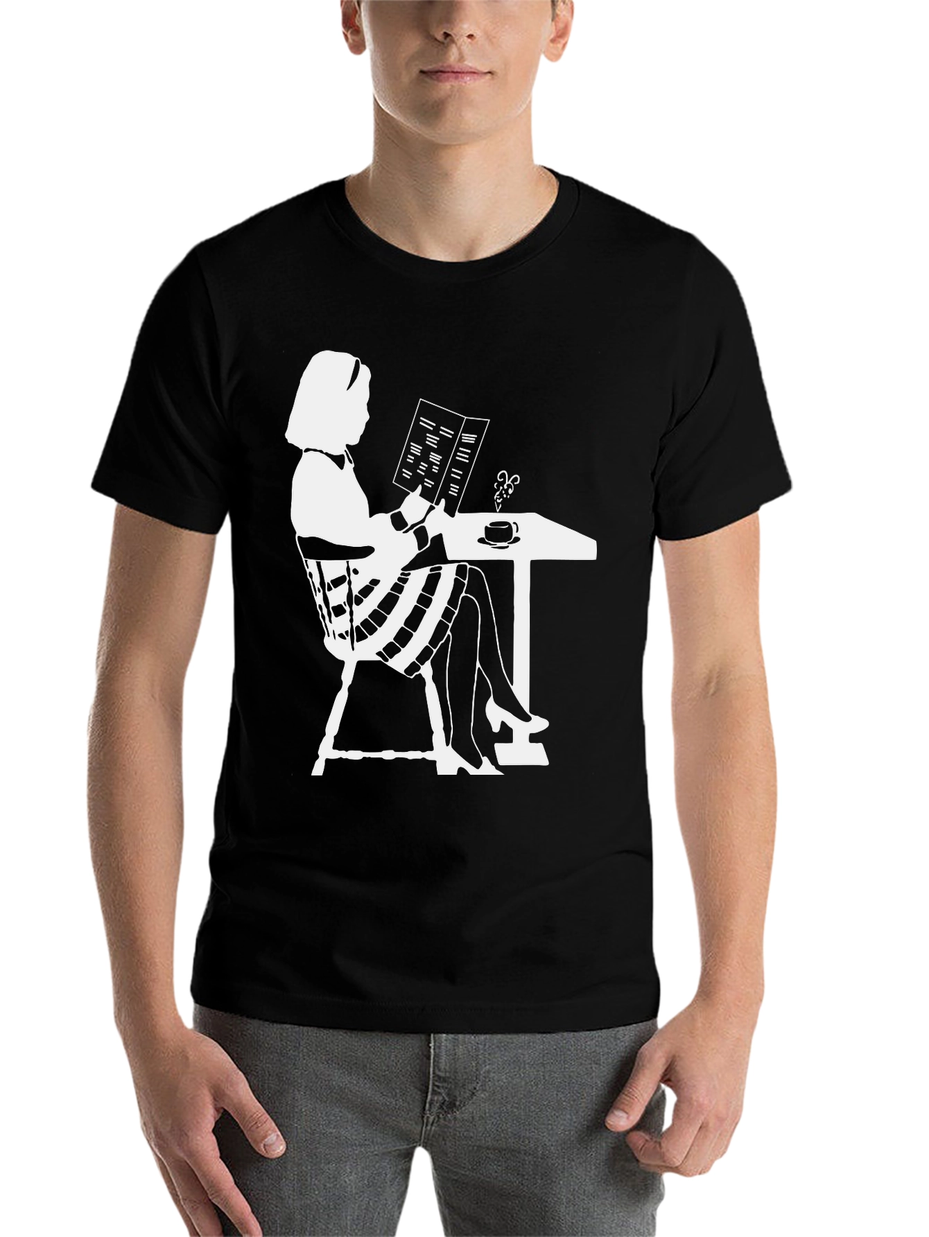 Black Chic Silhouette Tee: Woman Reading at Cafe view 7