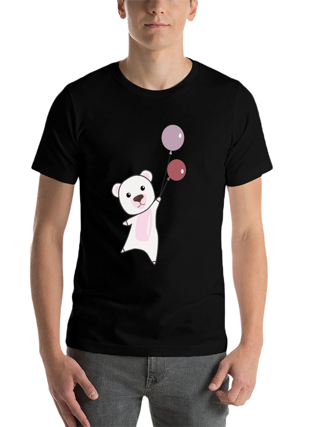 Black Cute Bear with Balloons Graphic Tee - Soft Cotton Comfort view 7