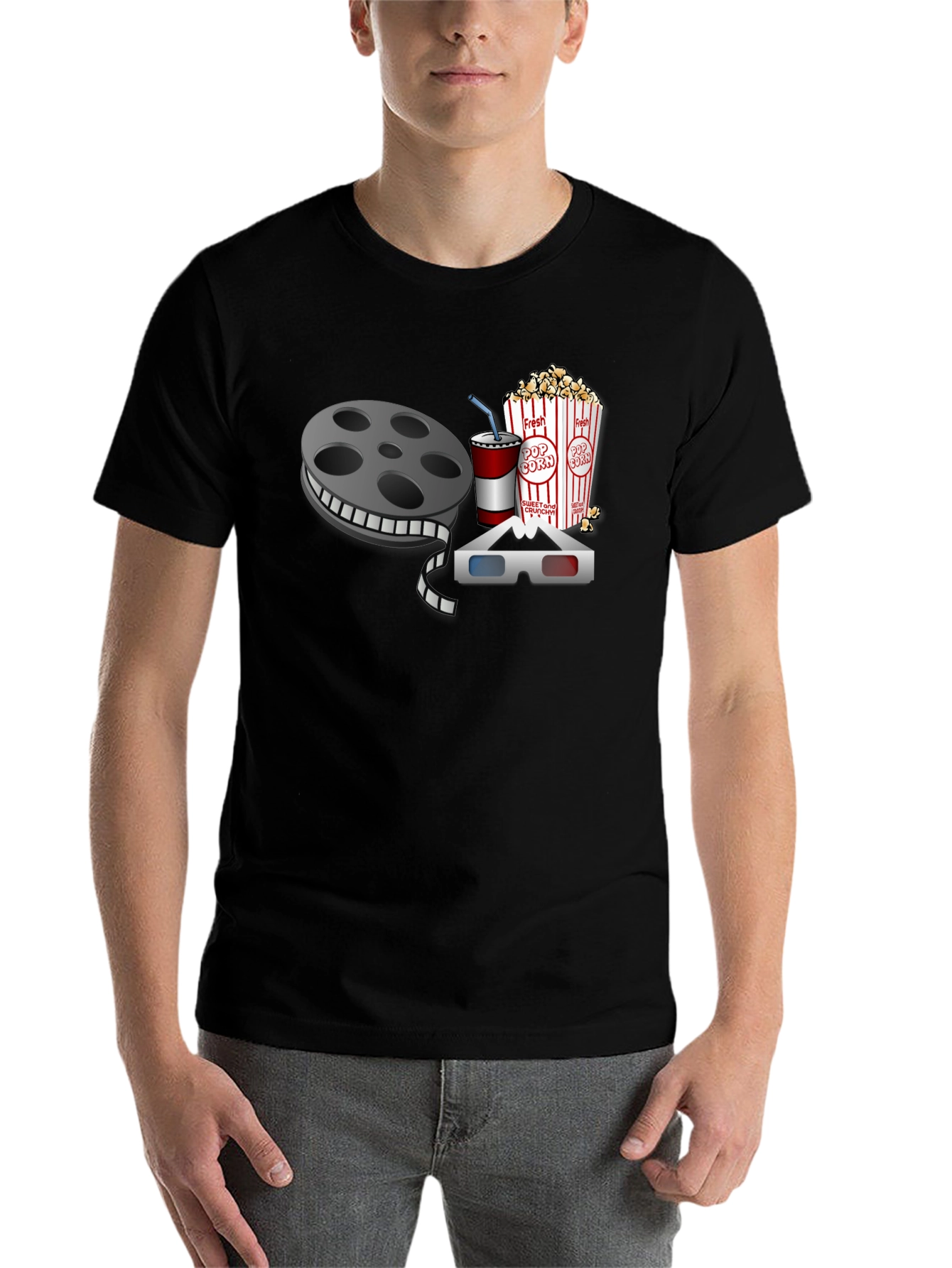 Black Movie Night T-Shirt: Reel, Popcorn, Soda & 3D Glasses view 7