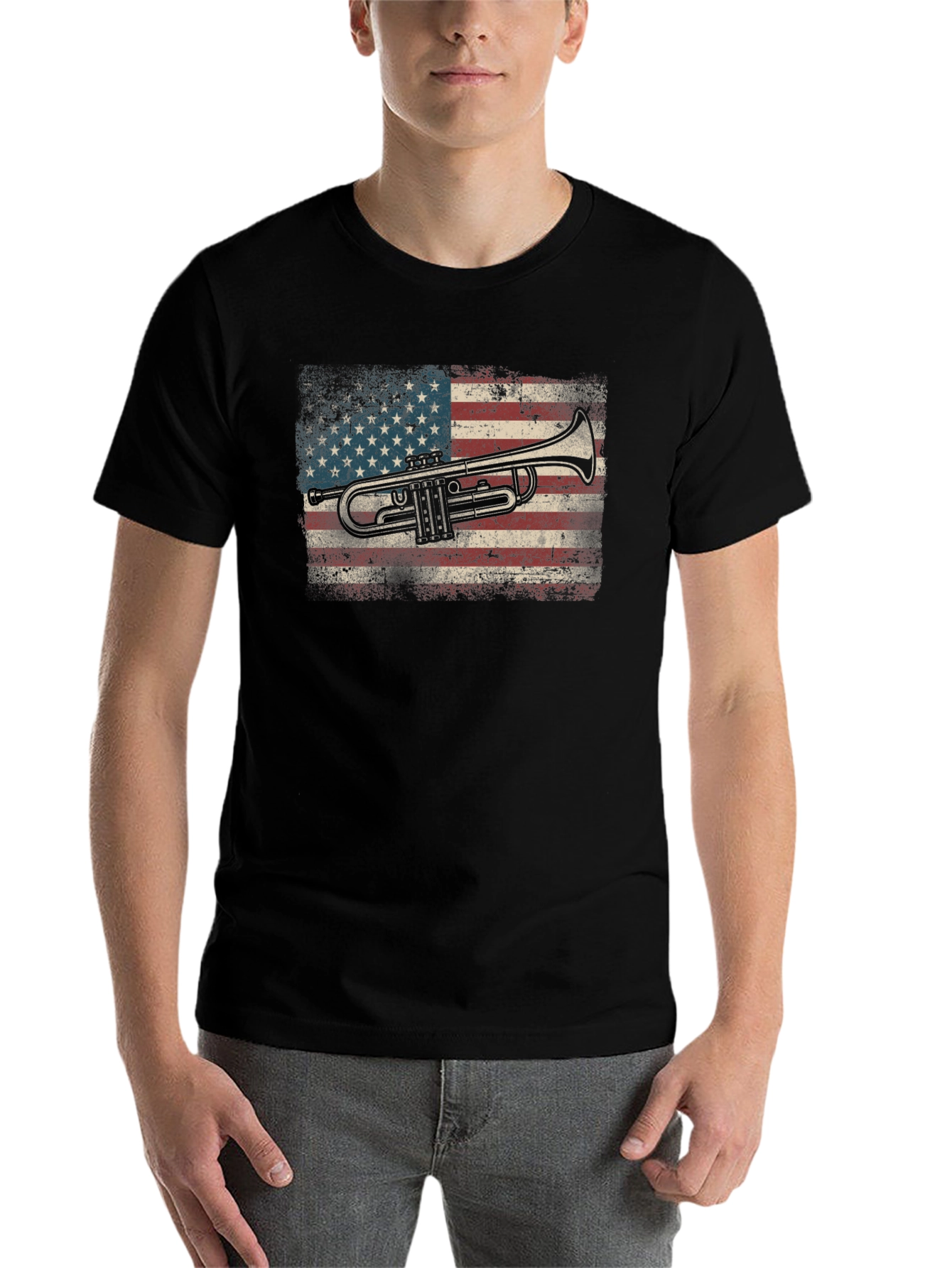 Black Trumpet USA Flag Graphic Tee - Black Cotton T-Shirt view 7
