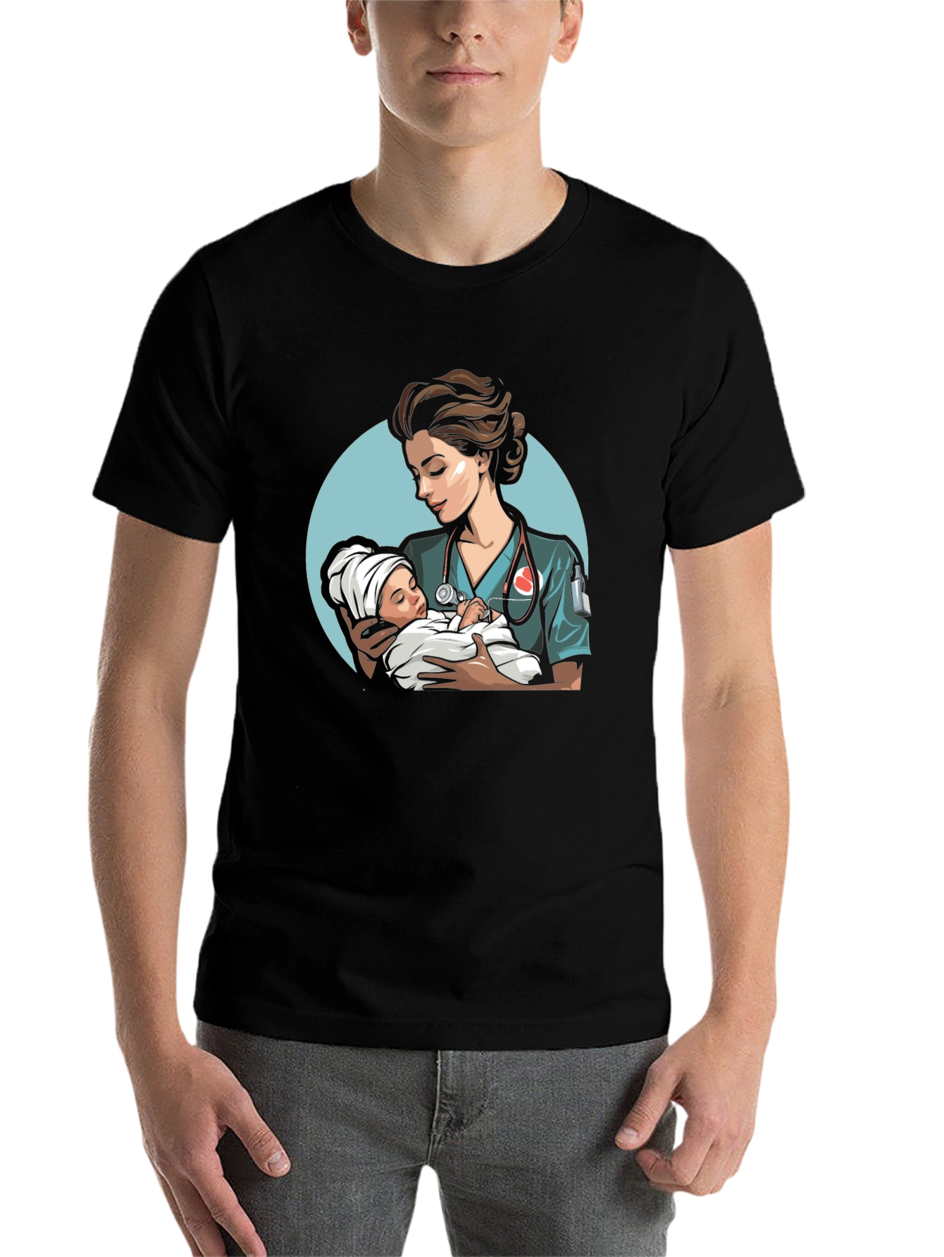 Black Nurse & Baby Graphic Tee - Black Cotton T-Shirt view 7