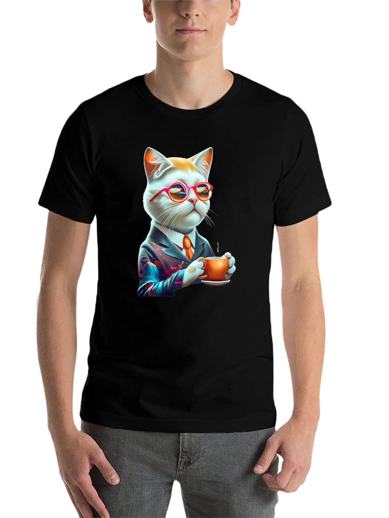 Black Cool Cat T-Shirt - Cat with Coffee view 7