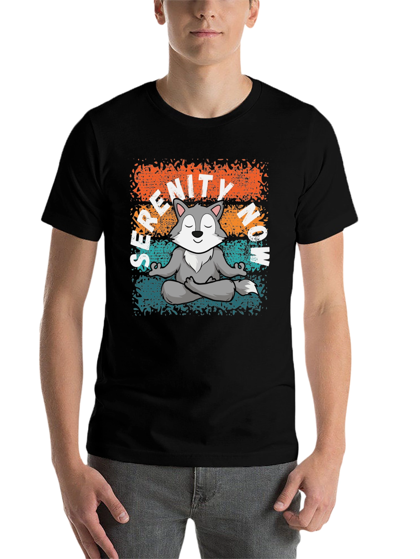 Black Serenity Now! Meditating Wolf Graphic Tee view 7