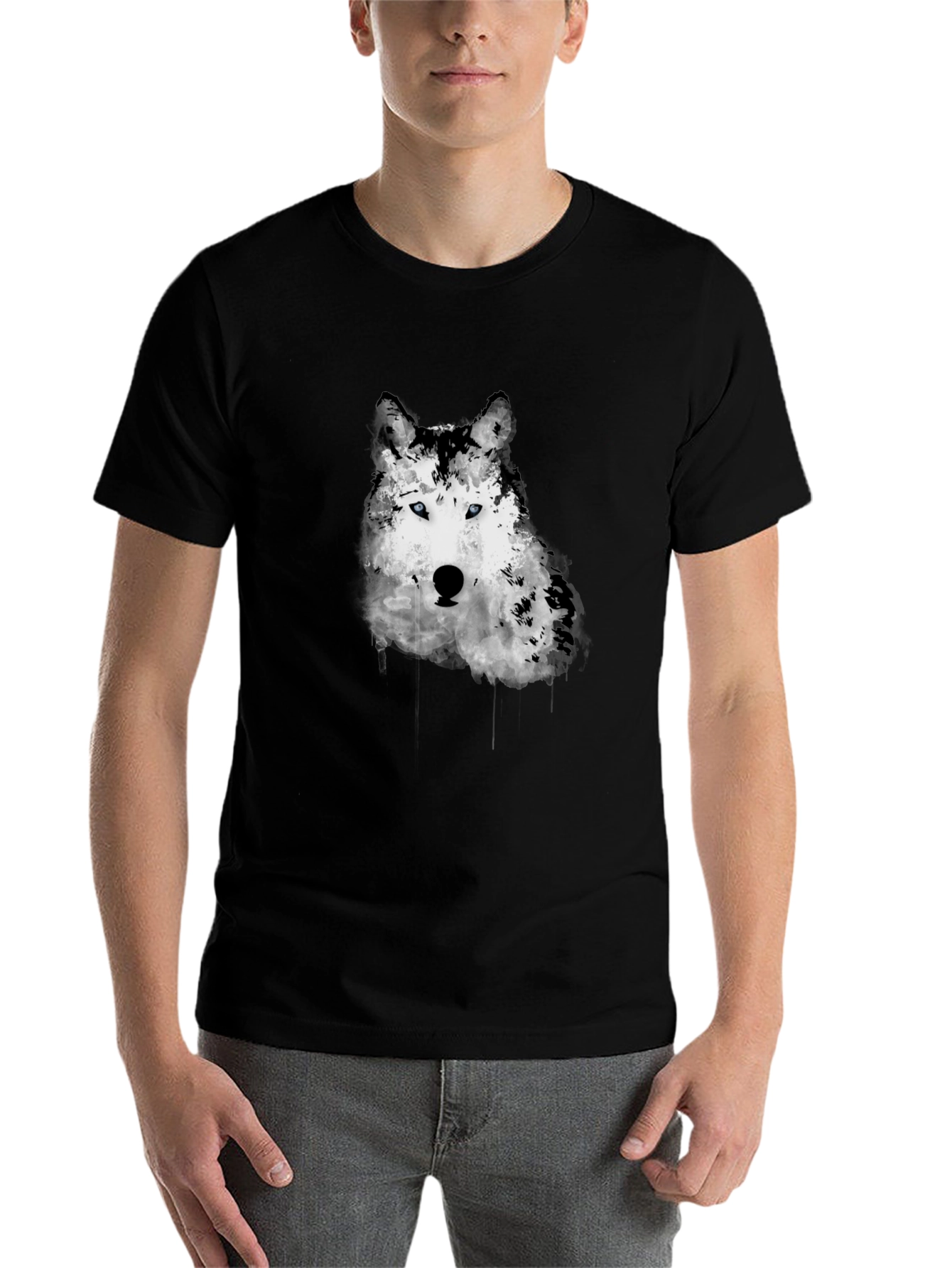 Black Wolf Graphic Print Men's Black T-Shirt view 7