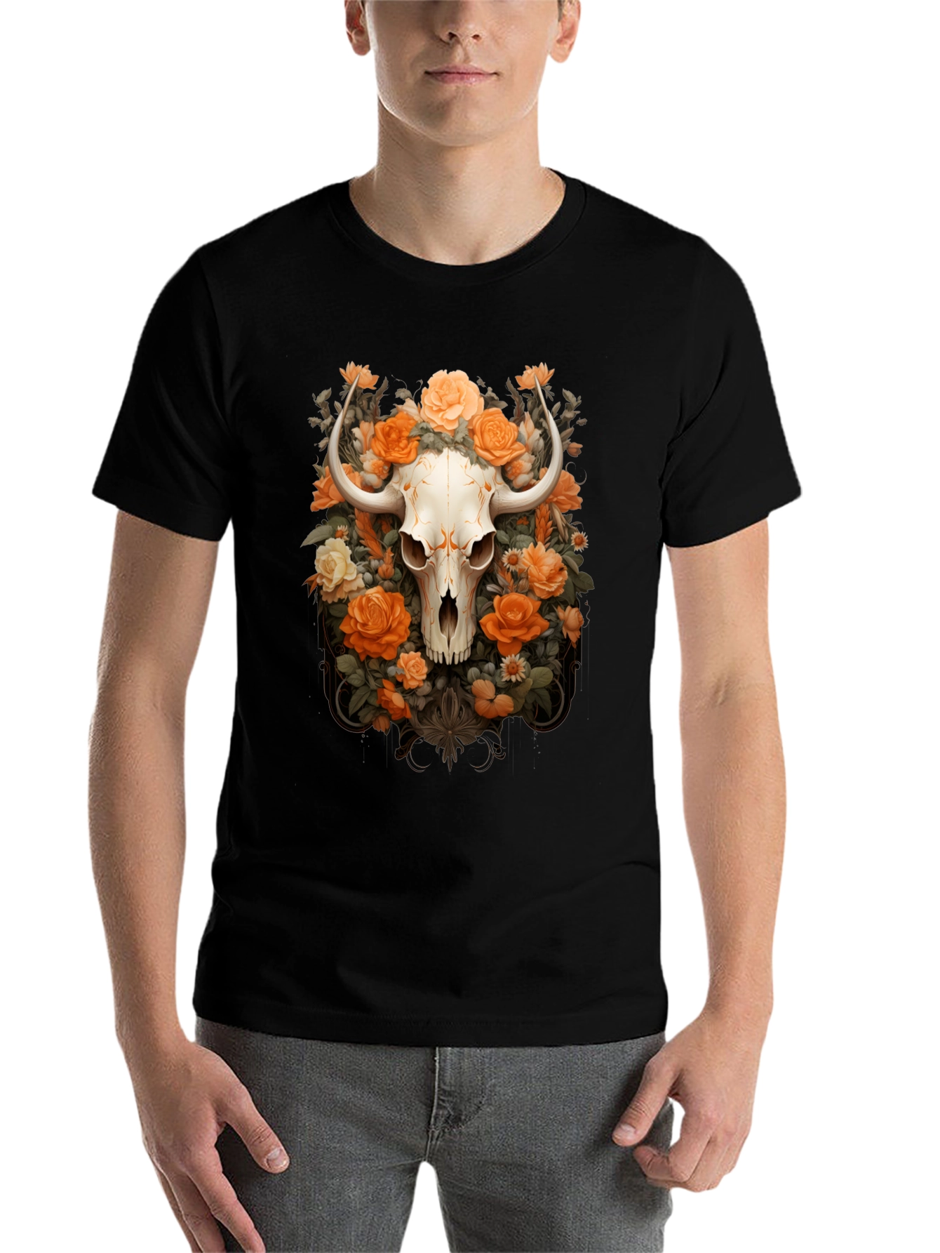 Black Floral Skull Graphic Tee - Unique Design view 7