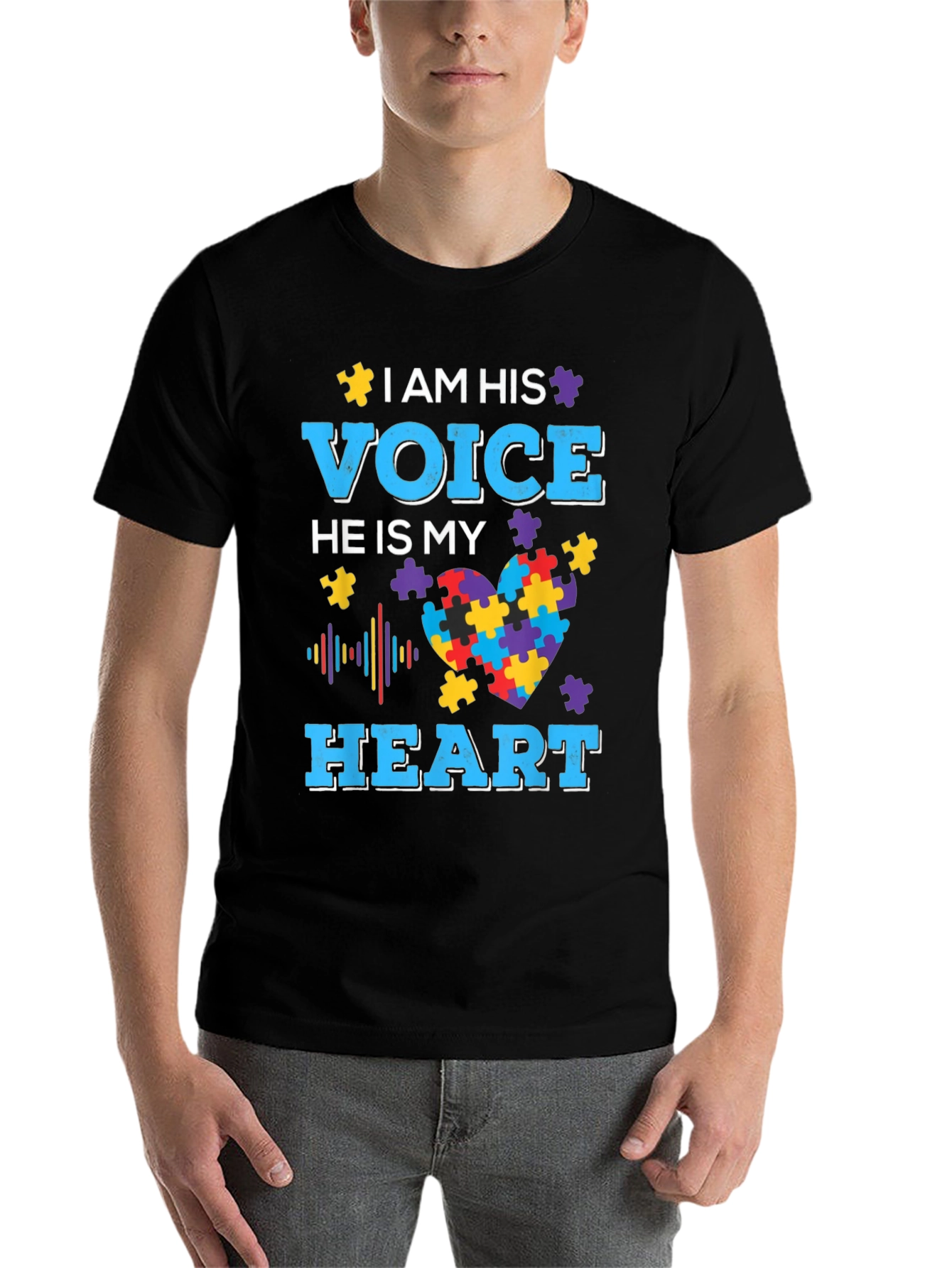 Black Autism Awareness T-Shirt - I am his Voice view 7