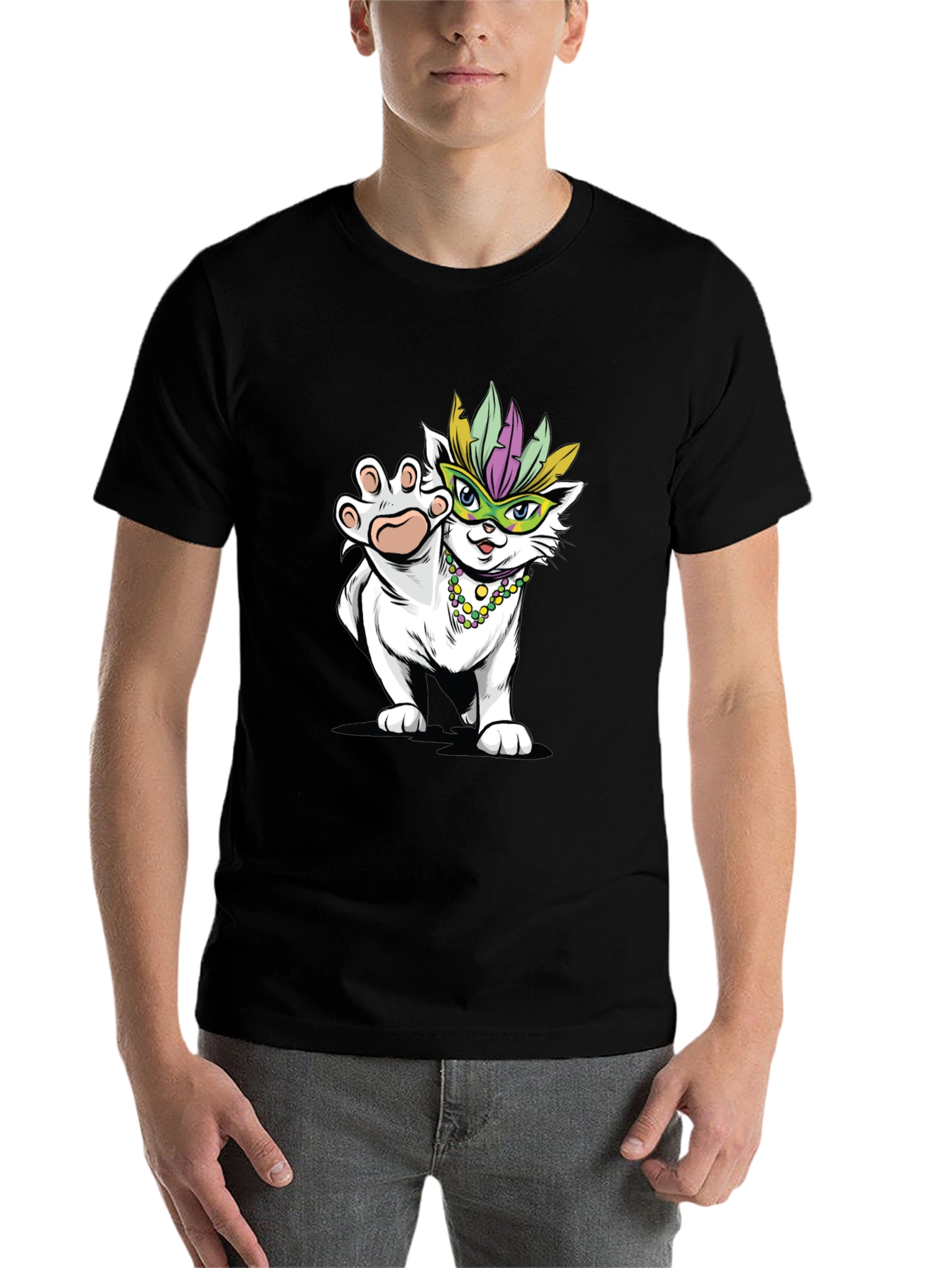 Black Mardi Gras Cat T-Shirt - Festive Party Wear view 7