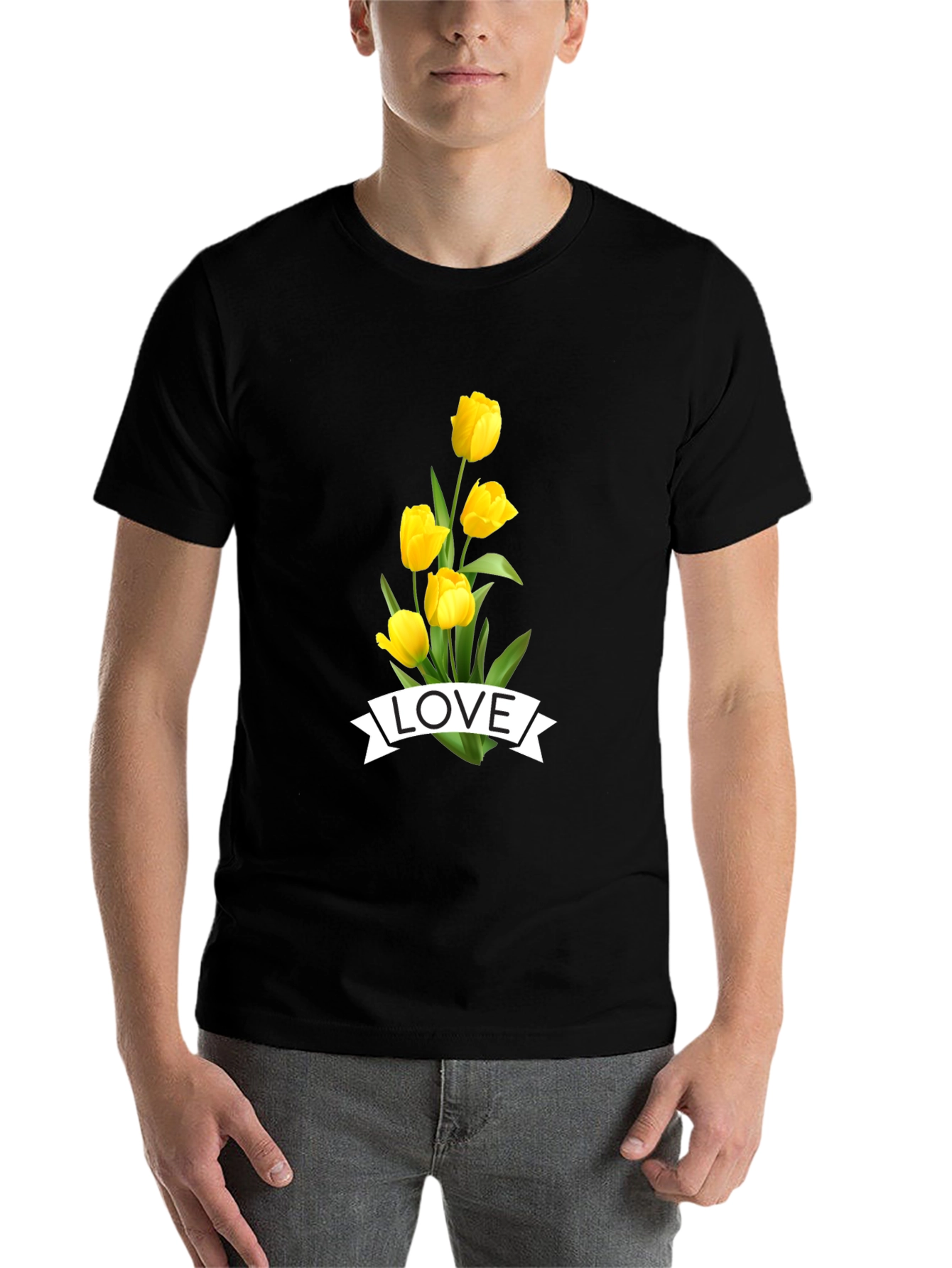 Black Love Tulips Graphic Tee - Black Cotton T-Shirt view 7