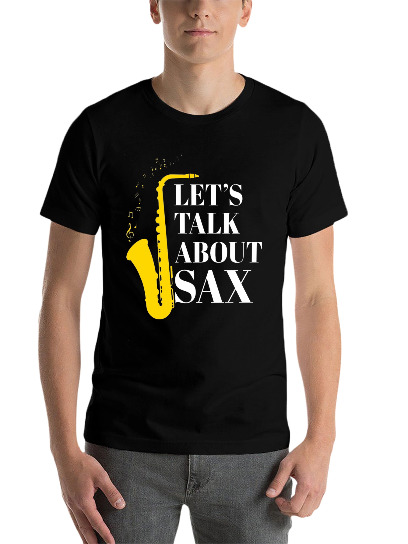 Black Let's Talk About Sax T-Shirt - Musician Apparel view 7