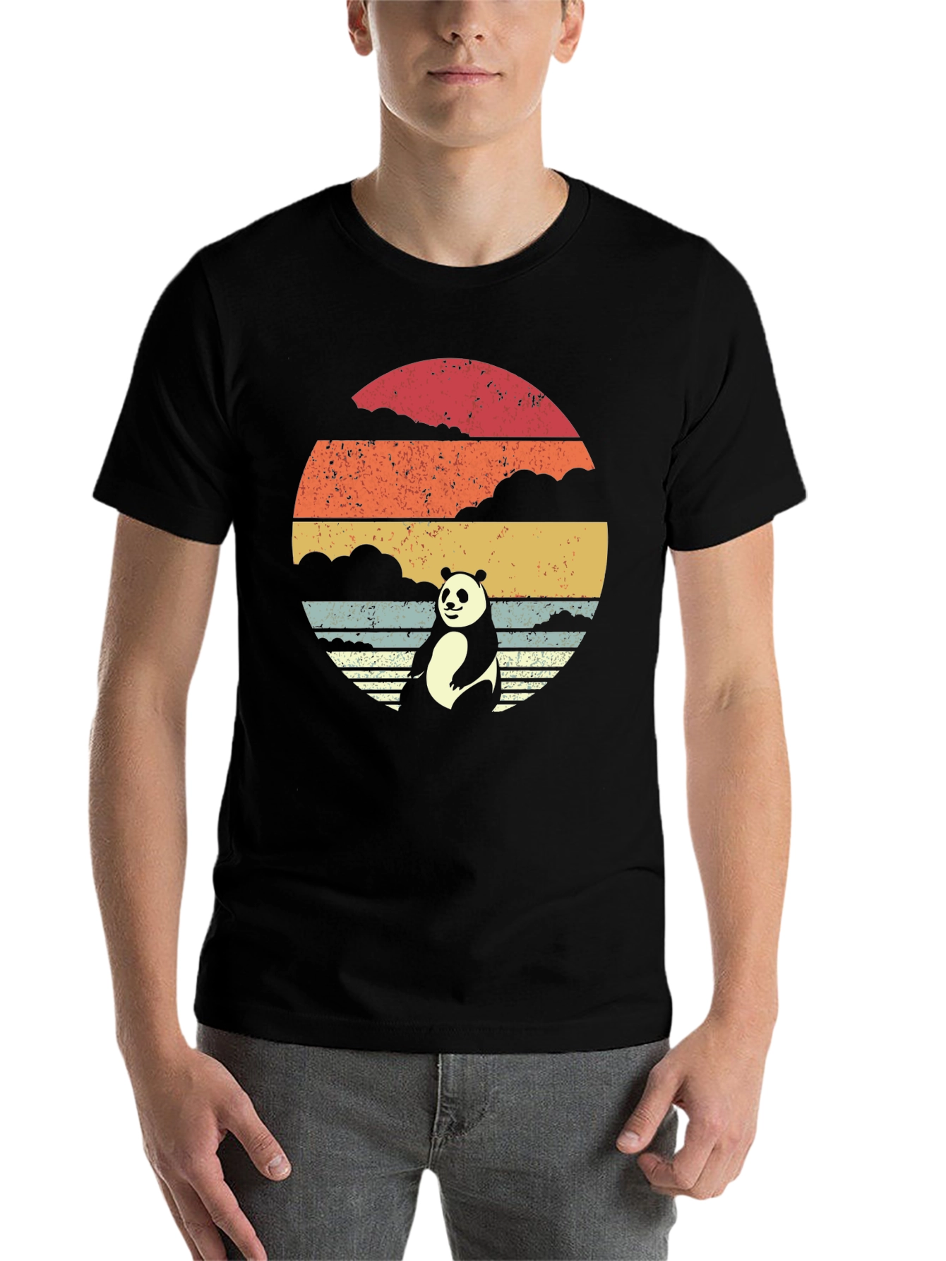 Black Panda Sunset Graphic Tee - Retro Style Black T-Shirt view 7