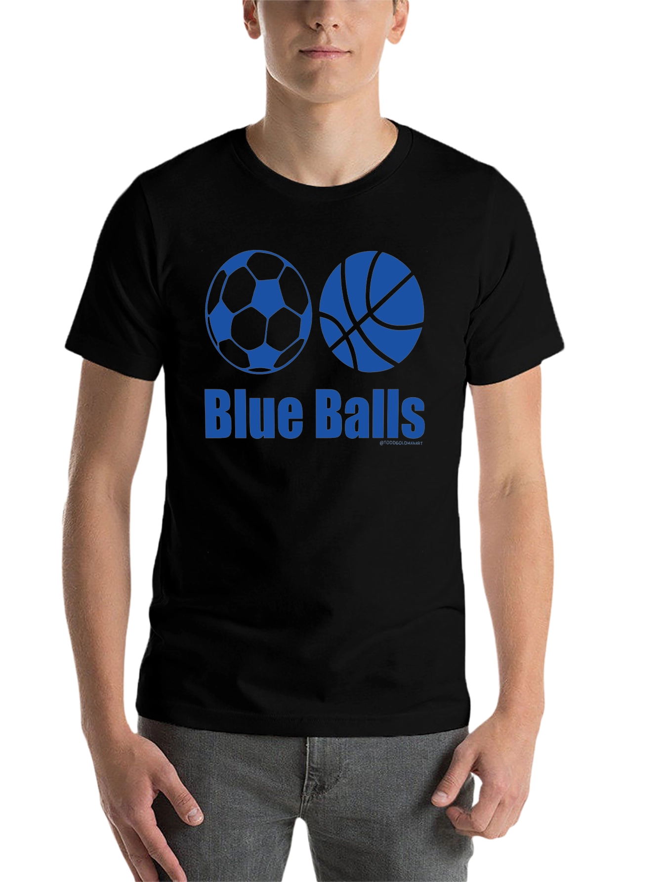 Black Blue Balls Graphic T-Shirt - Soccer & Basketball Design view 7