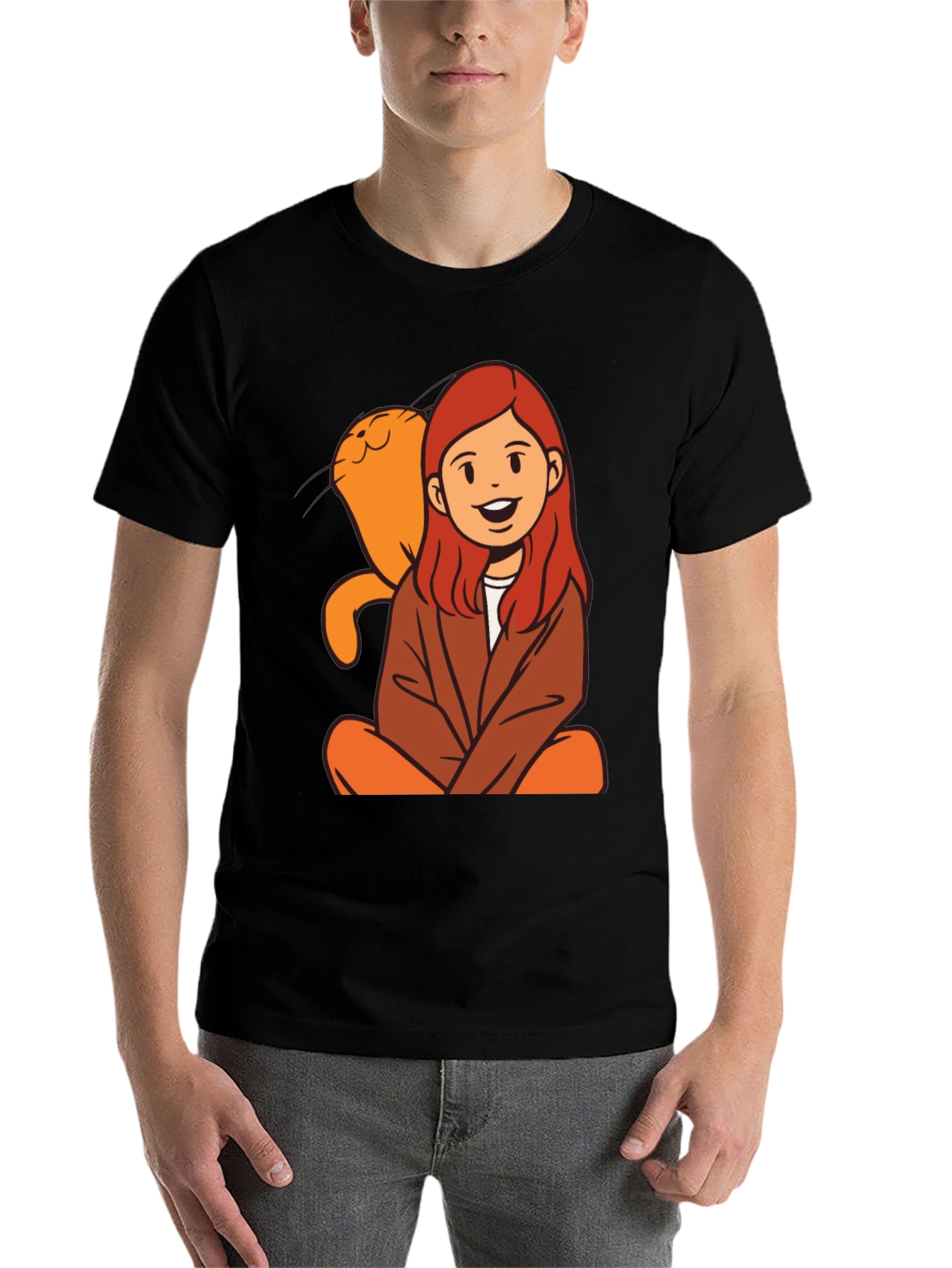 Black Cartoon Girl & Cat Graphic Black T-Shirt view 7
