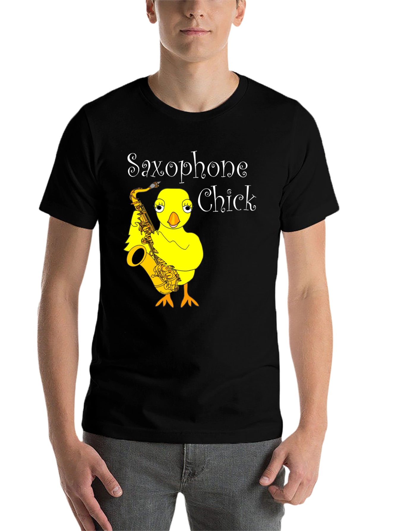 Black Saxophone Chick Graphic Tee - Unisex Black T-Shirt view 7