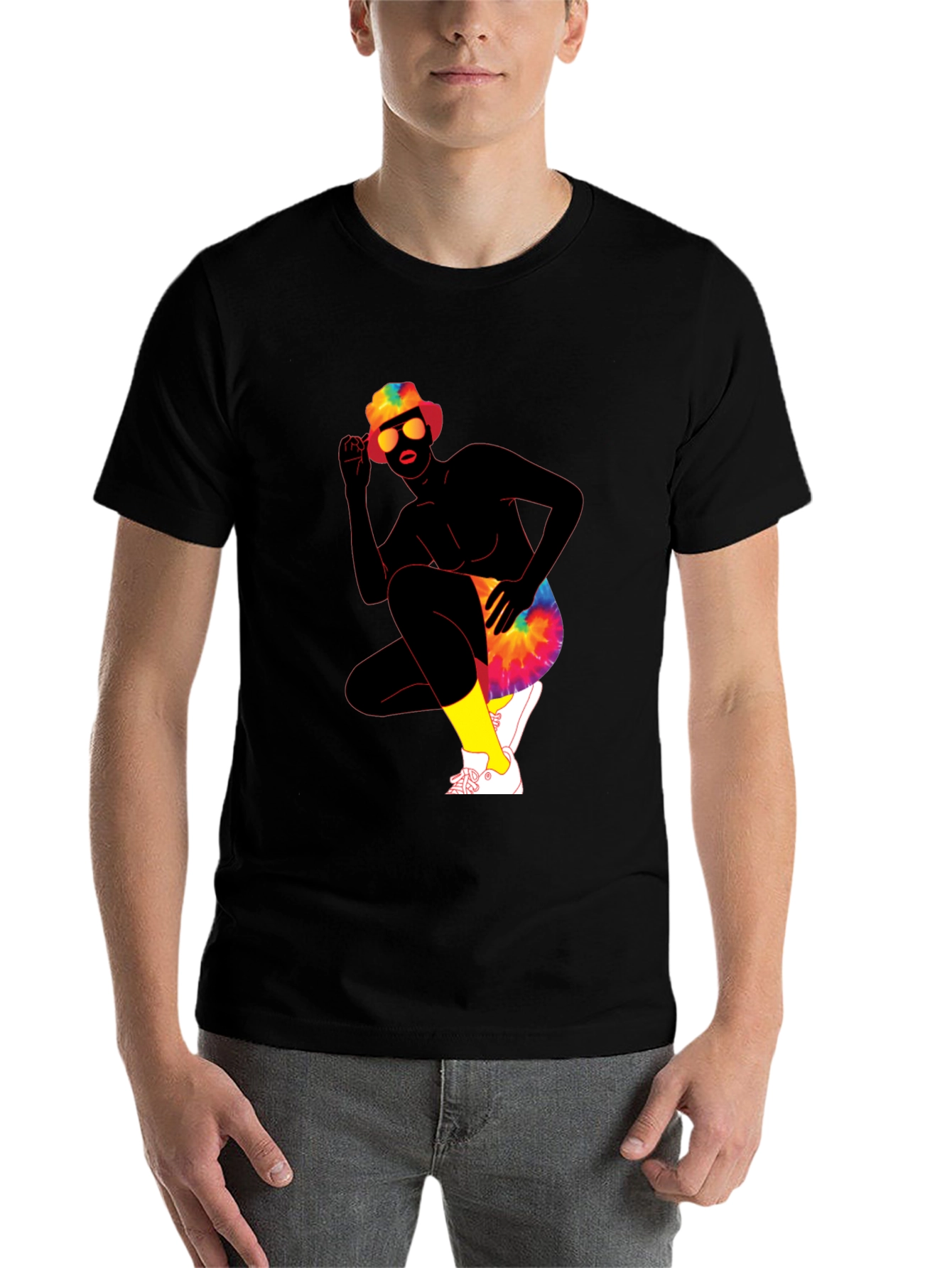 Black Retro Tie-Dye Graphic Print Crew Neck Tee view 7